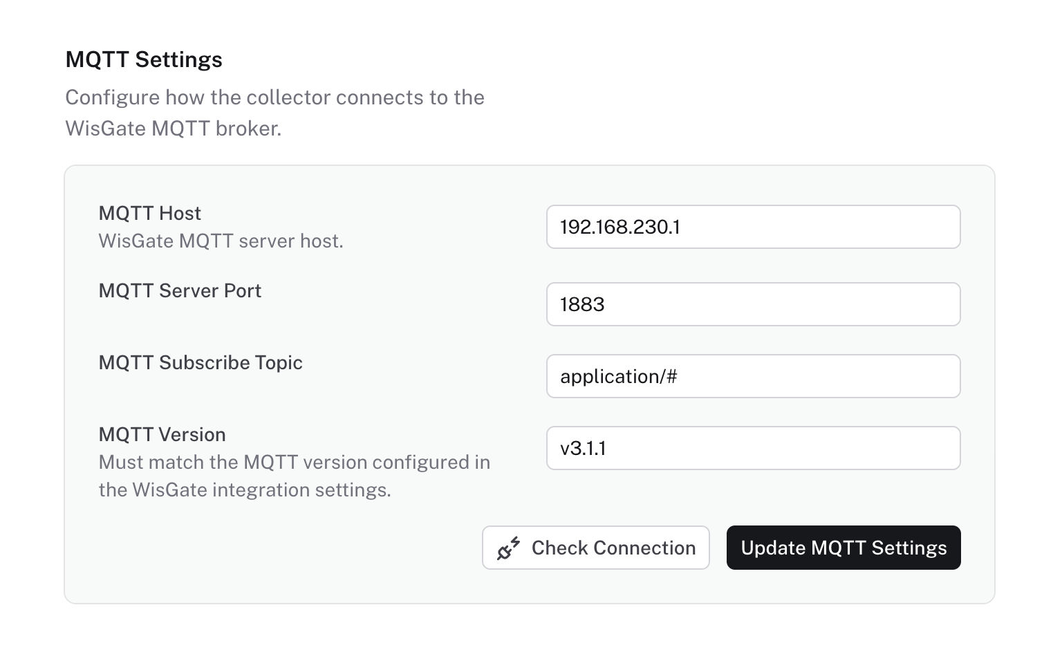 Collector dashboard mqtt settings