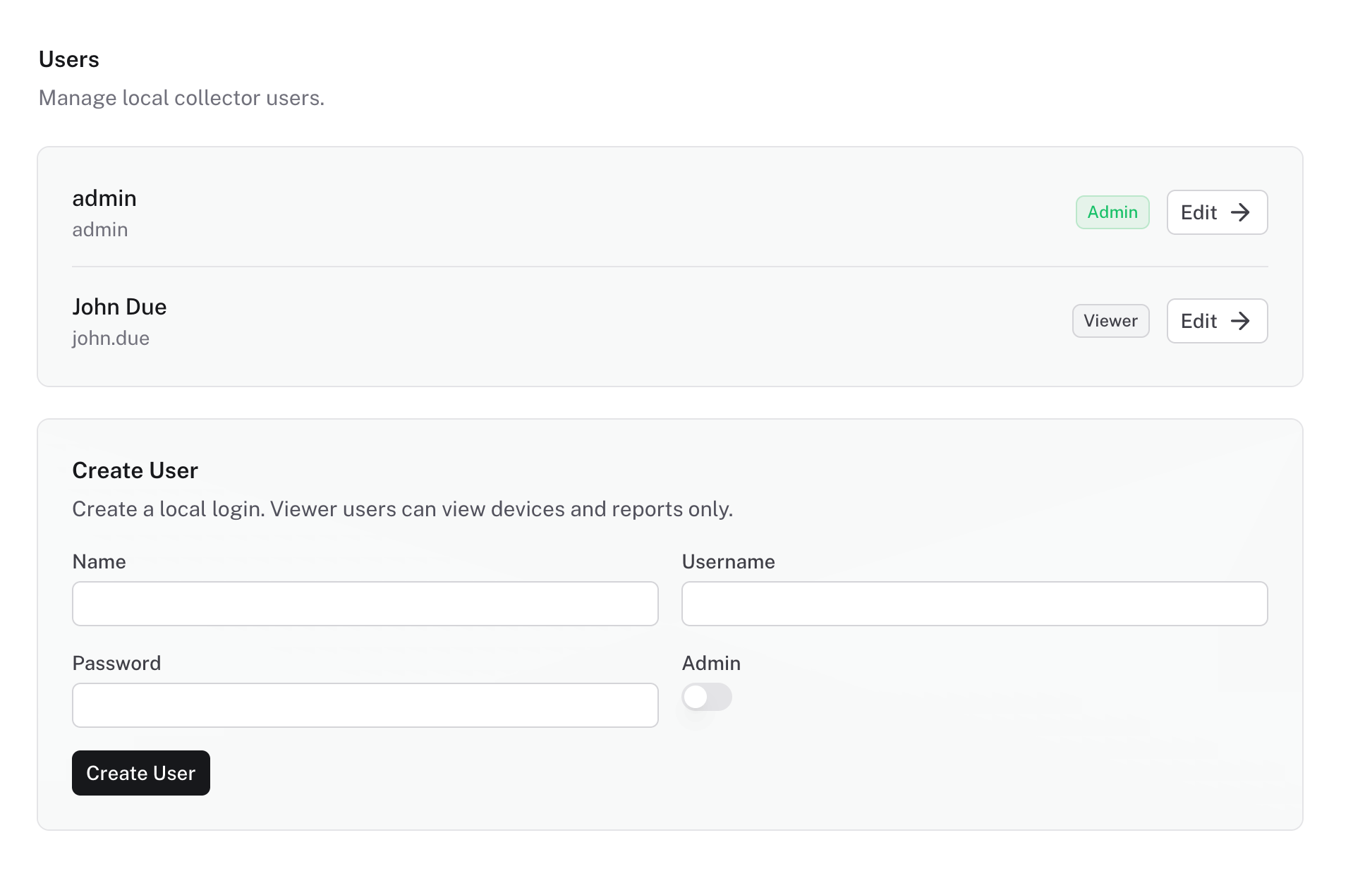 Collector dashboard manage users