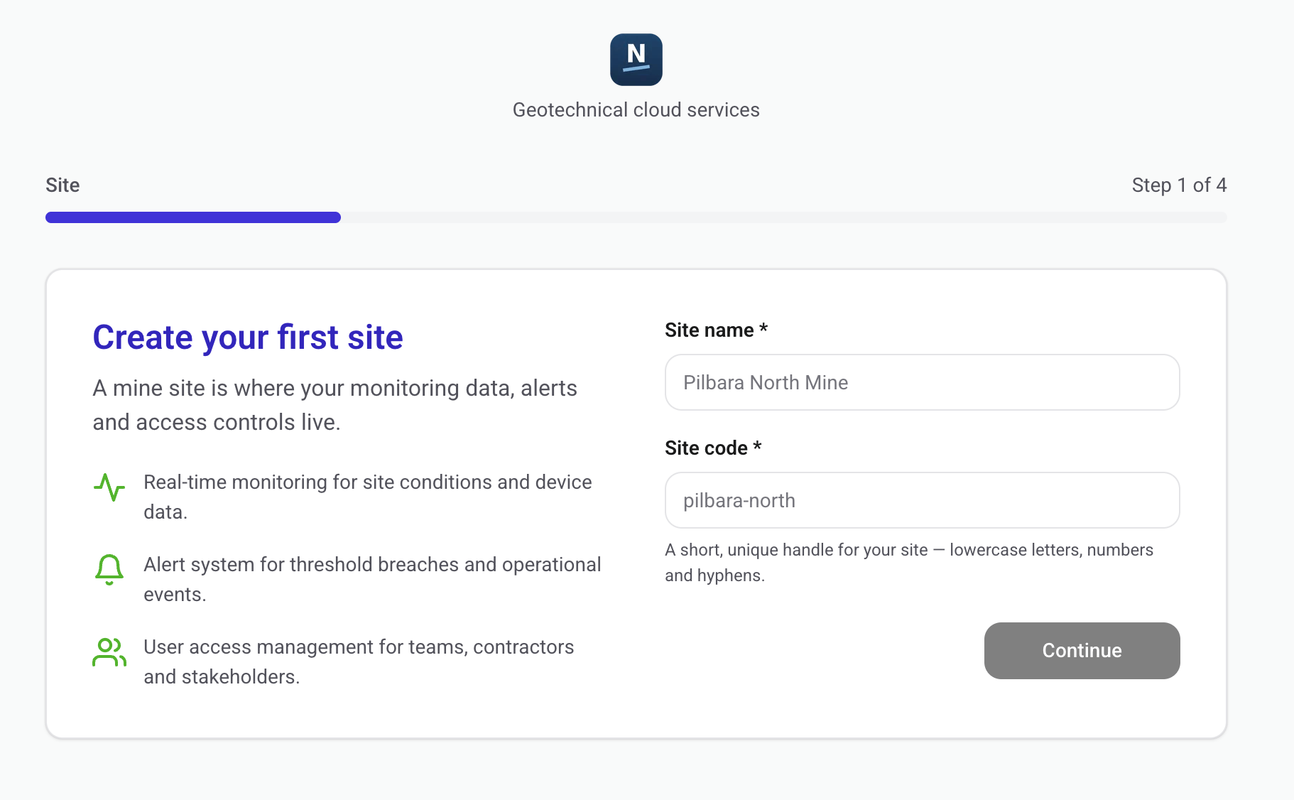 NeoGT Cloud sign-up or onboarding screen