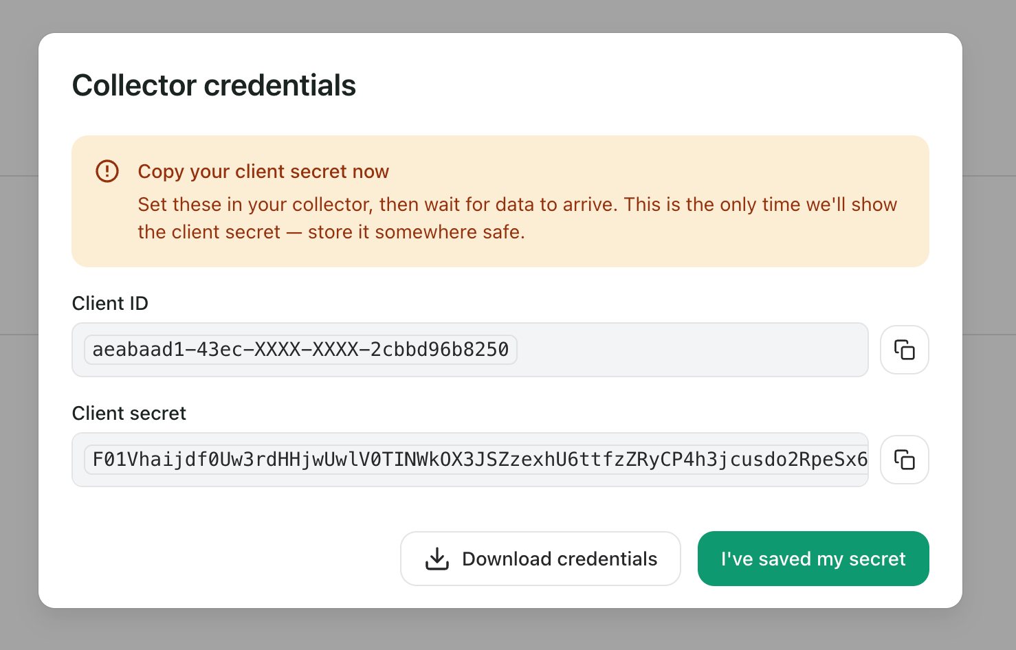 Generated client_id and client_secret screen
