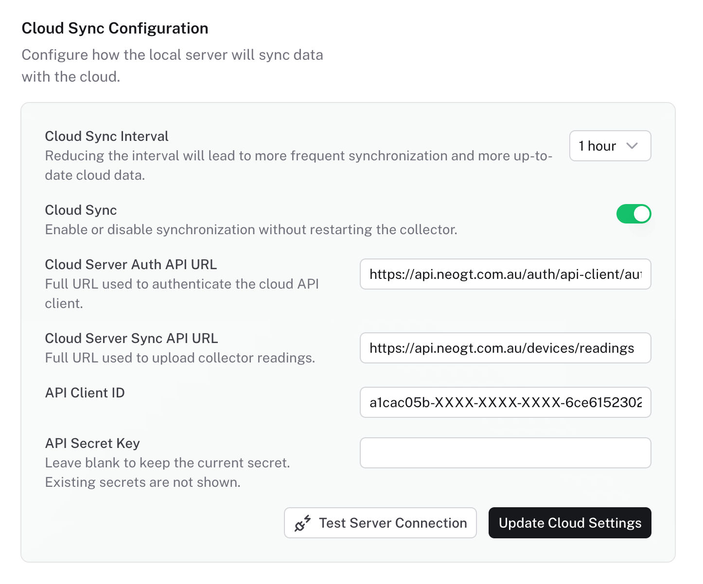 Collector dashboard Settings General page showing cloud sync settings