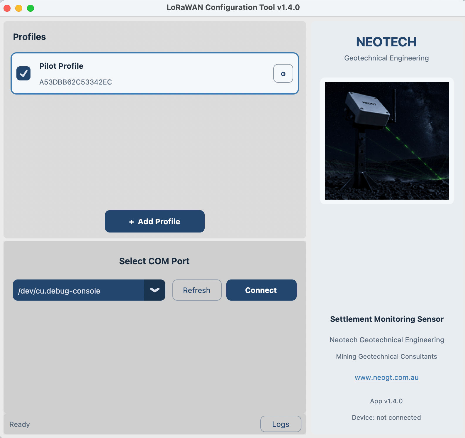 LoRaWAN Configuration Tool main screen showing profiles and COM port selector