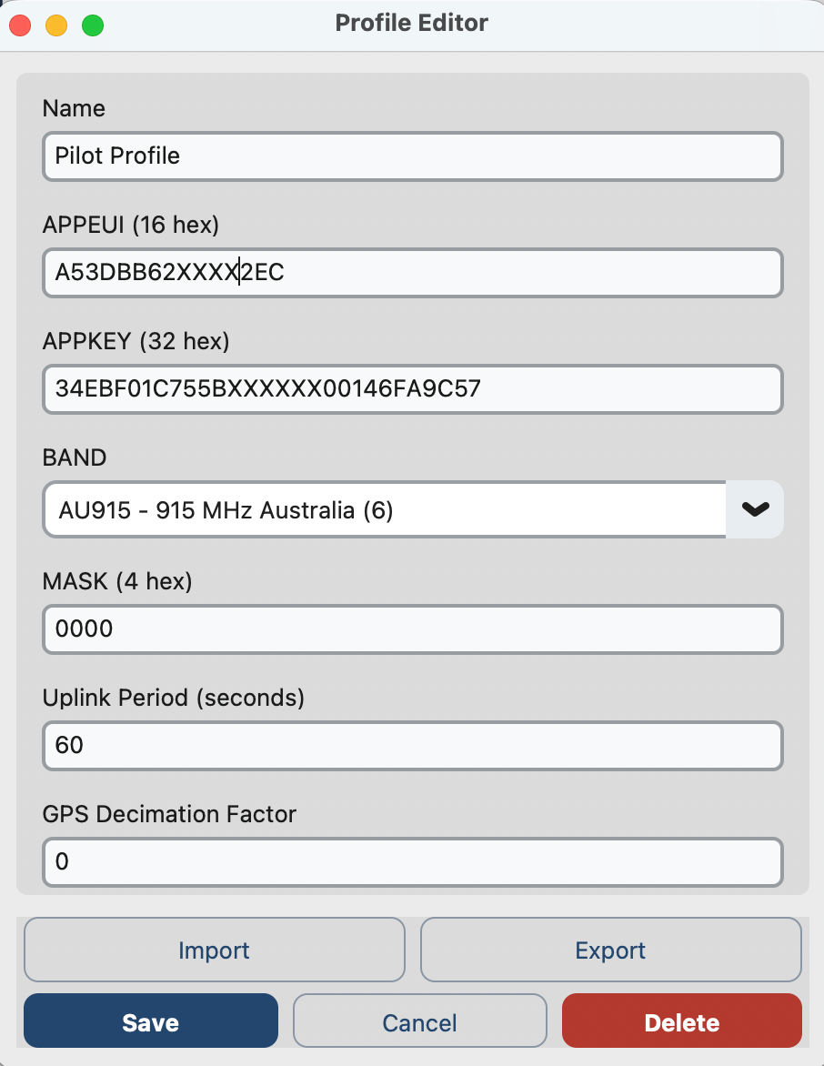 Profile Editor showing APPEUI, APPKEY, band, mask, uplink period, and GPS decimation factor