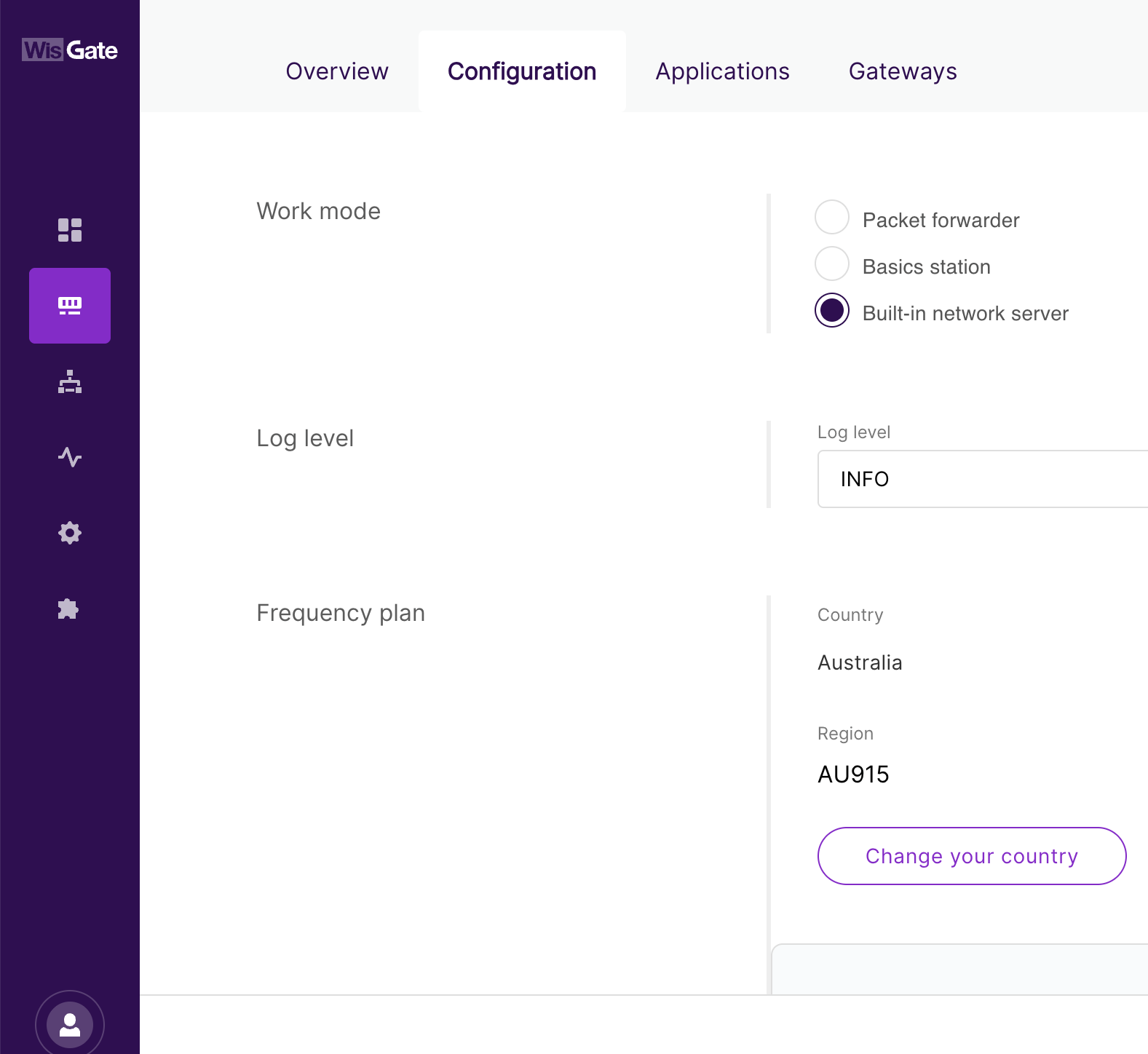 WisGate Configuration tab showing Built-in network server and AU915 frequency plan