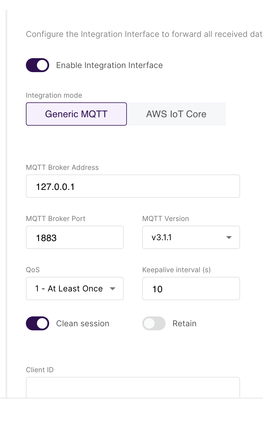 WisGate Integration interface parameters showing Generic MQTT settings