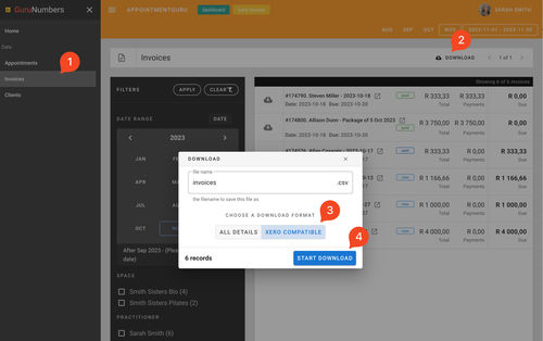 Download Xero compatible csv of your invoices in AppointmentGuru
