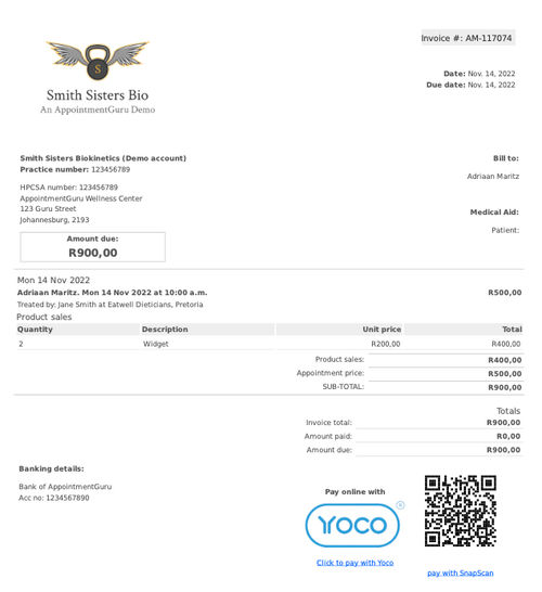 Example invoice with product sales