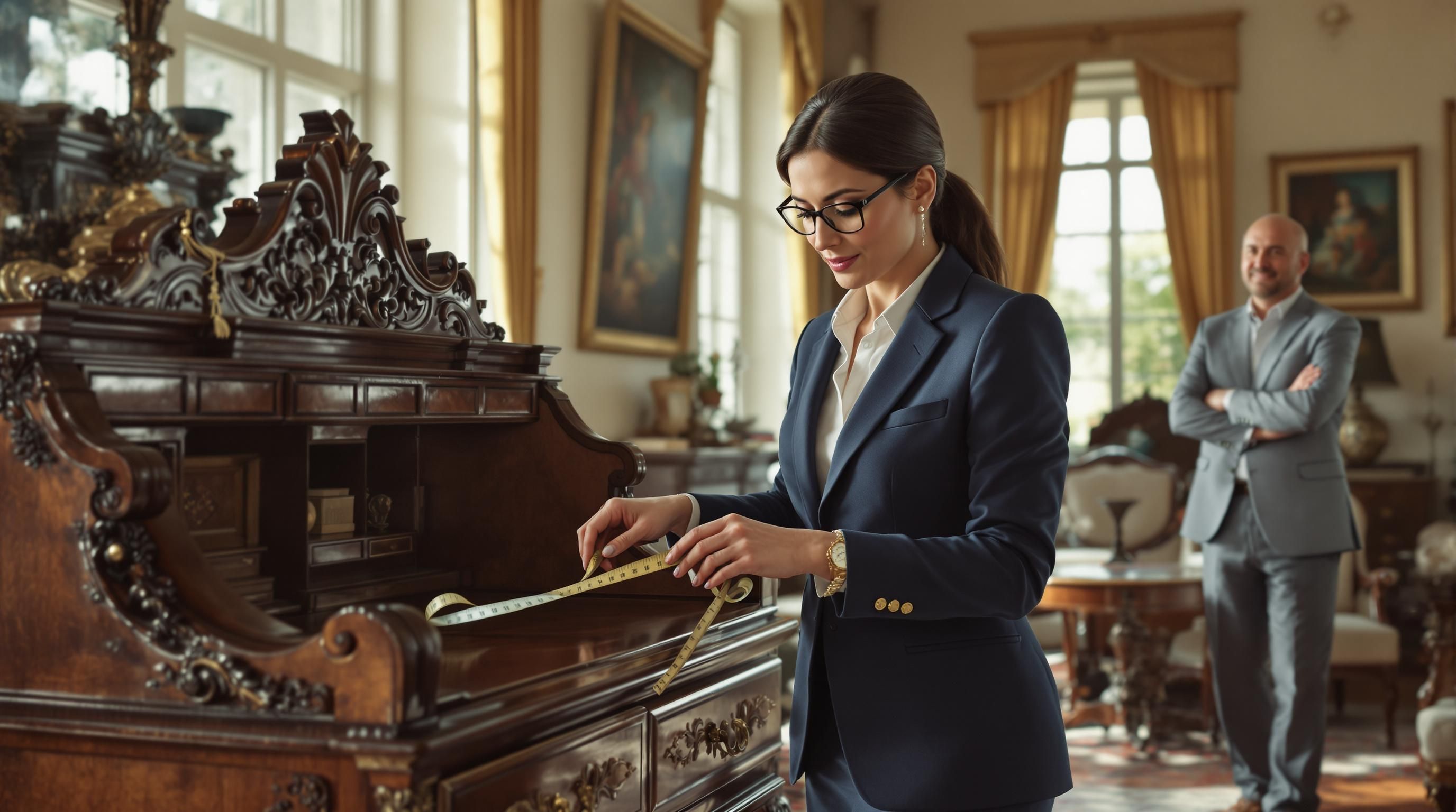 Person examining antiques with a dealer in a showroom