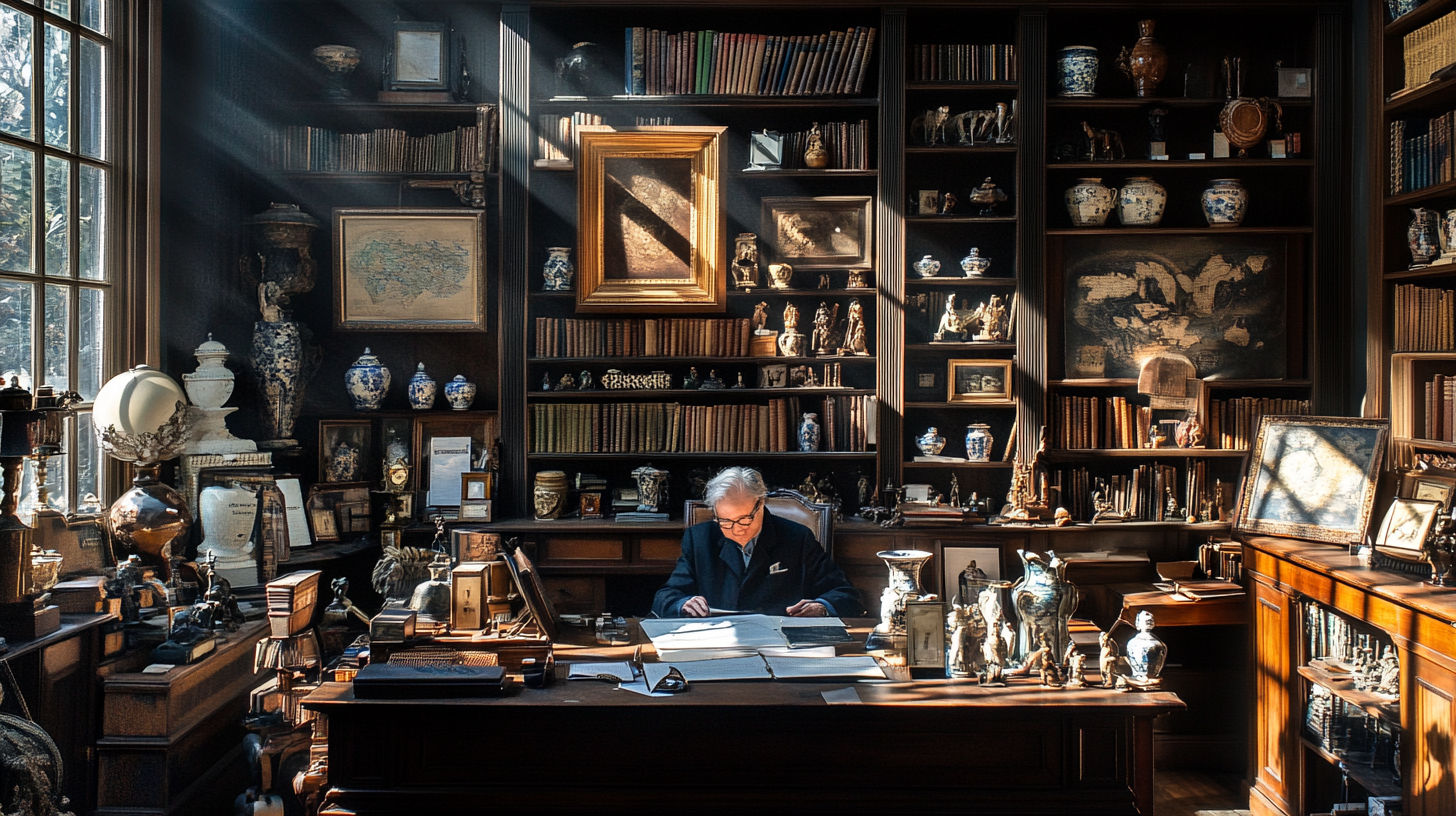 Antique appraiser examining fine porcelain with specialized tools