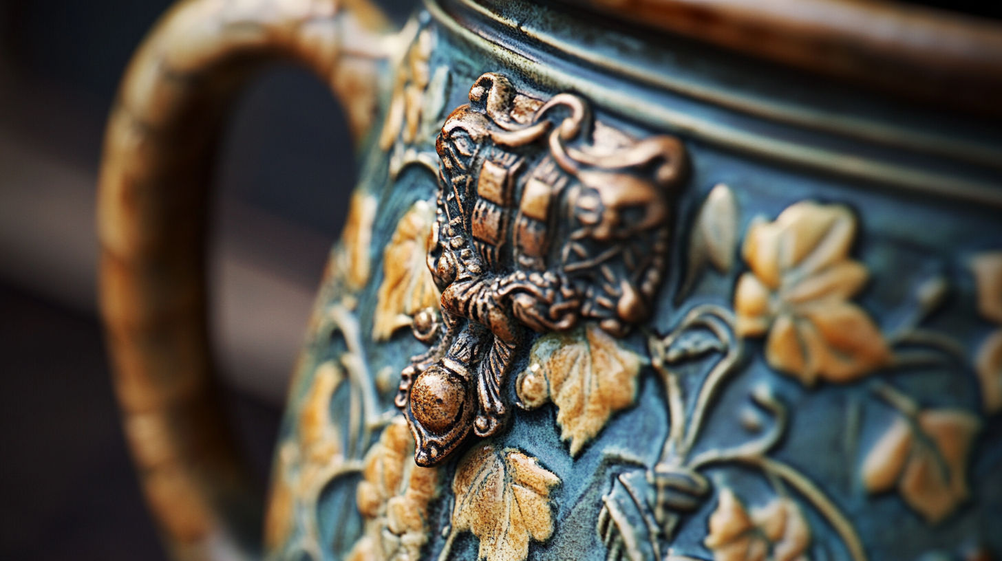 Close-up of antique beer stein markings and manufacturer stamps on bottom