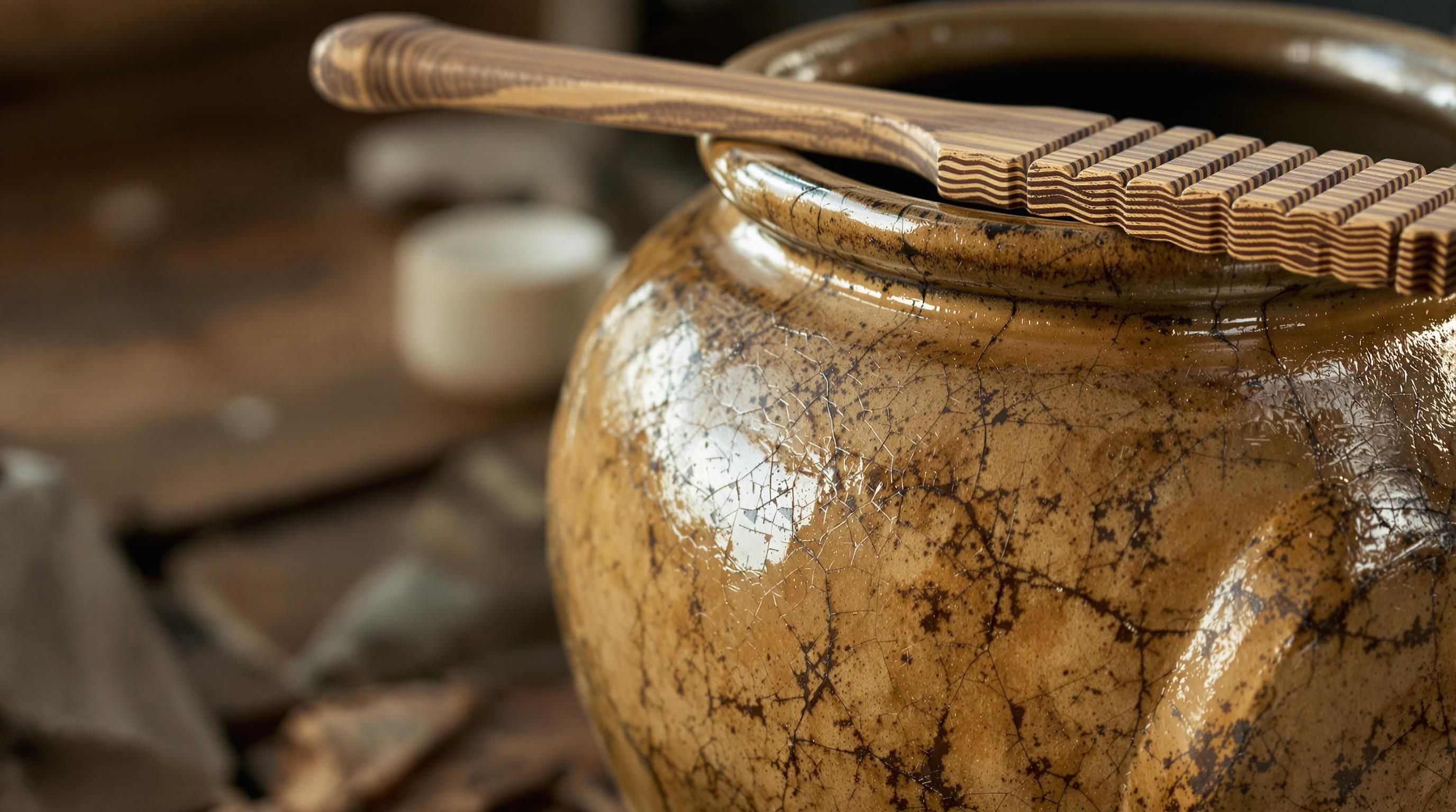 19th century stoneware butter churn crock with wooden dasher and decorative blue markings