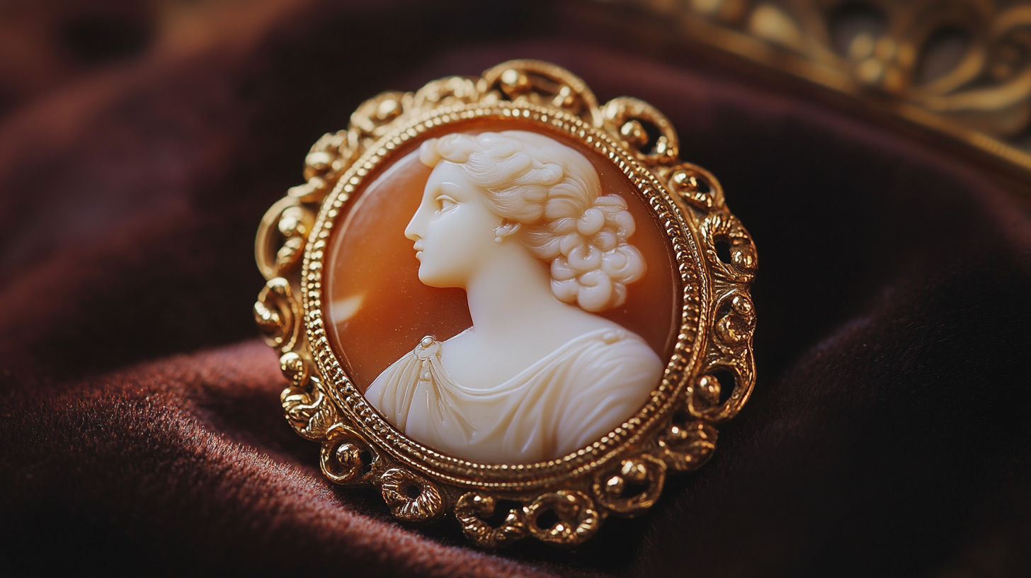 Vintage carved shell cameo brooch with ornate gold frame featuring classical female profile