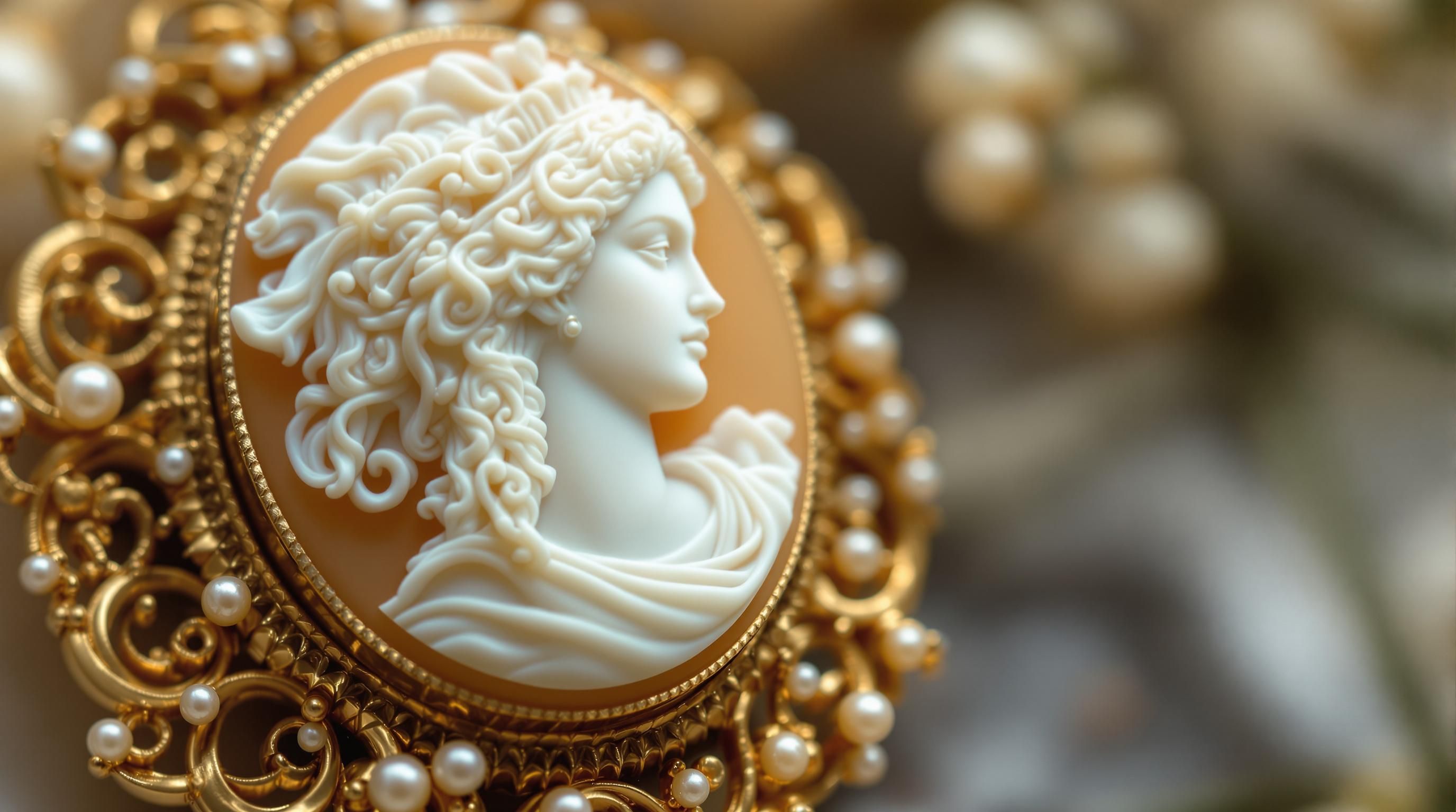 Valuable antique shell cameo brooch with carved female profile in ornate gold frame from Victorian era