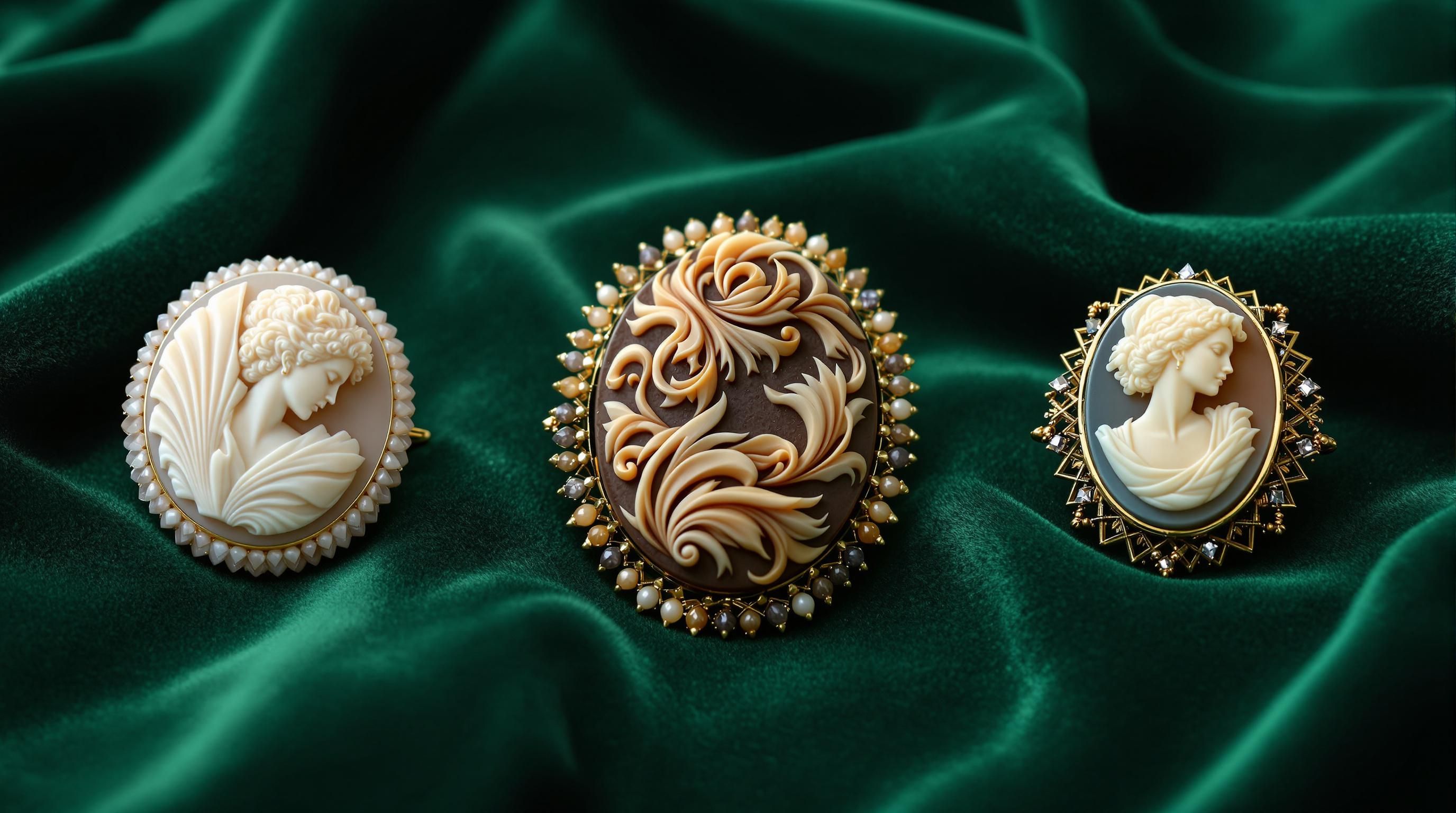 Vintage gold-framed shell cameo brooch showing a woman with detailed hairstyle in an oval frame