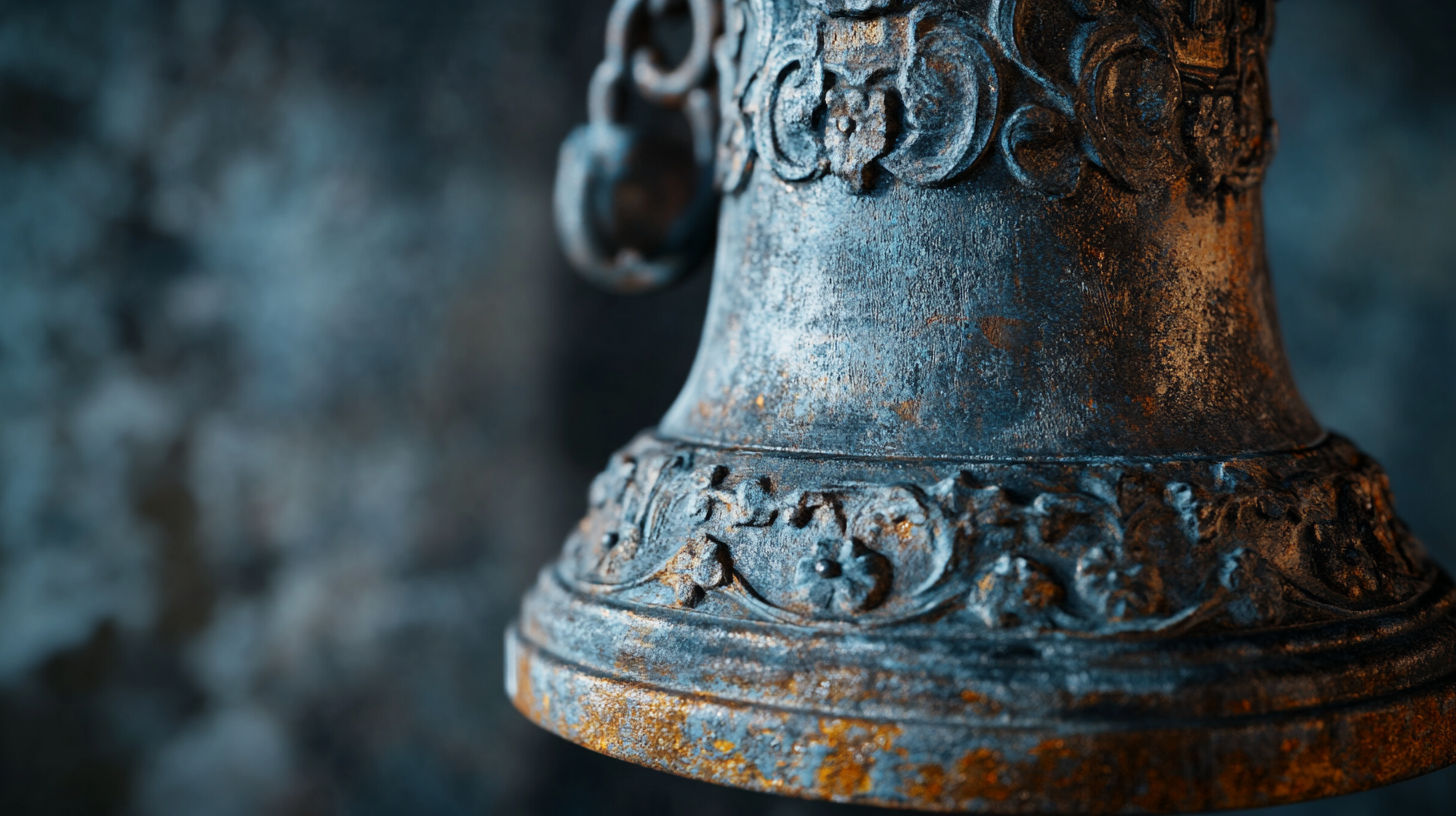 Vintage cast iron bell with mounting wheel and bracket showing patina and craftsmanship