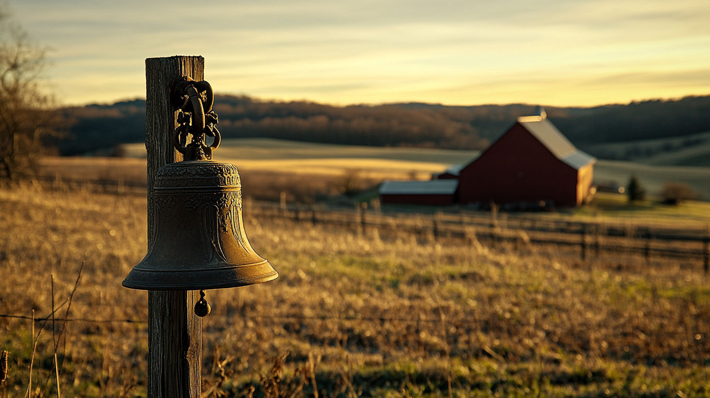 Close-up image of antique cast iron bell showing manufacturer markings and patina