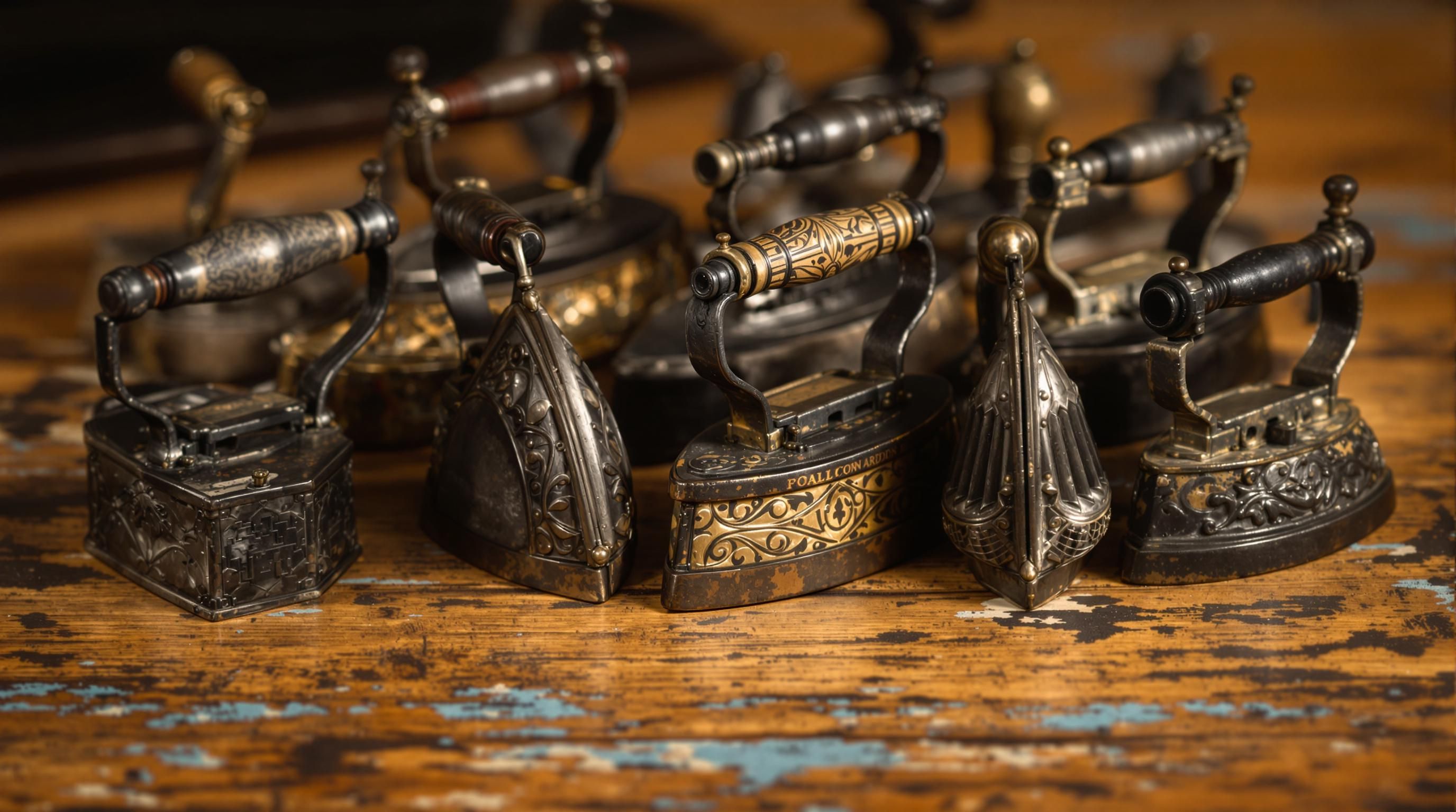 Vintage collection of valuable antique cast iron sad irons showing various manufacturers and designs