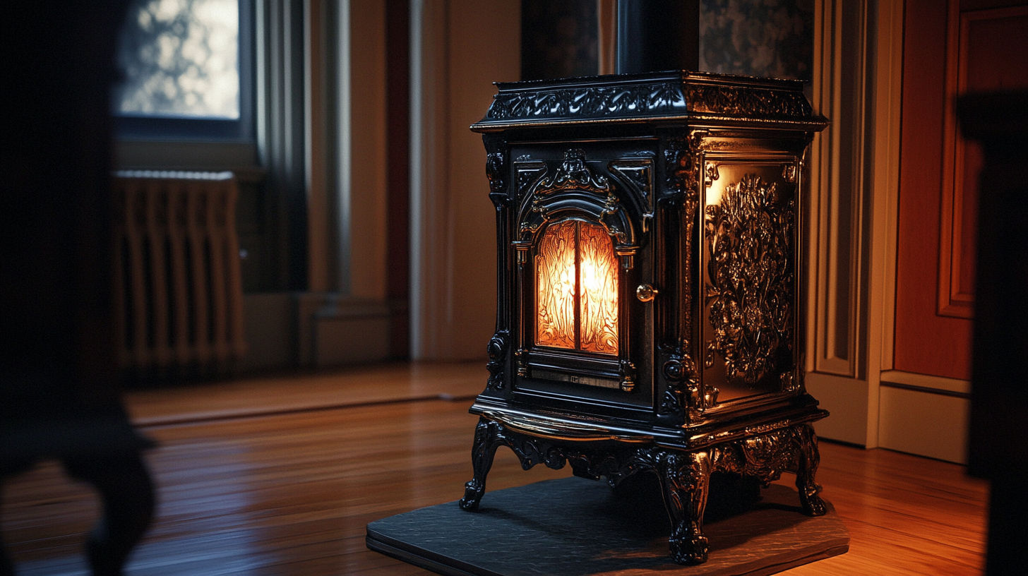Ornate Victorian-era antique cast iron wood burning stove with decorative nickel trim in restored condition