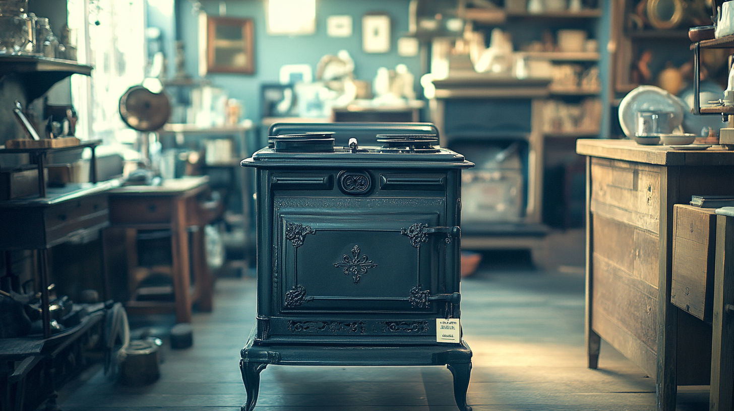 Antique cast iron pot belly stove with decorative details