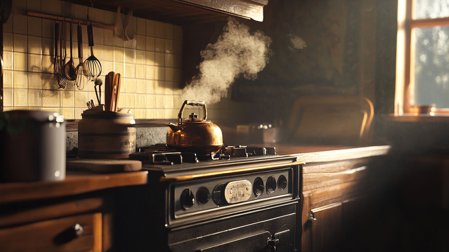 Close-up of antique cast iron stove showing maker’s mark and ornate details