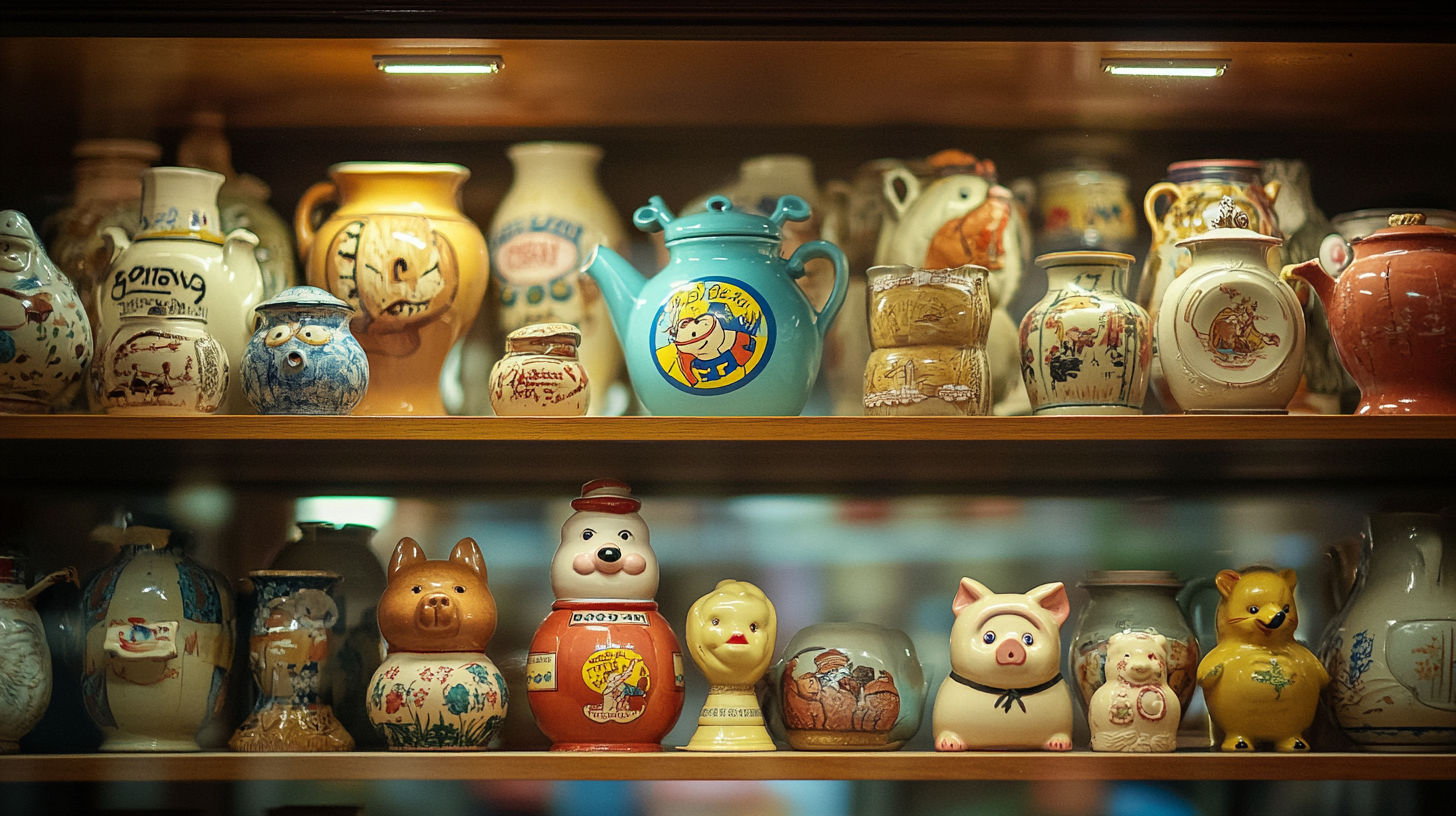 Vintage ceramic cookie jars from different eras showing design evolution