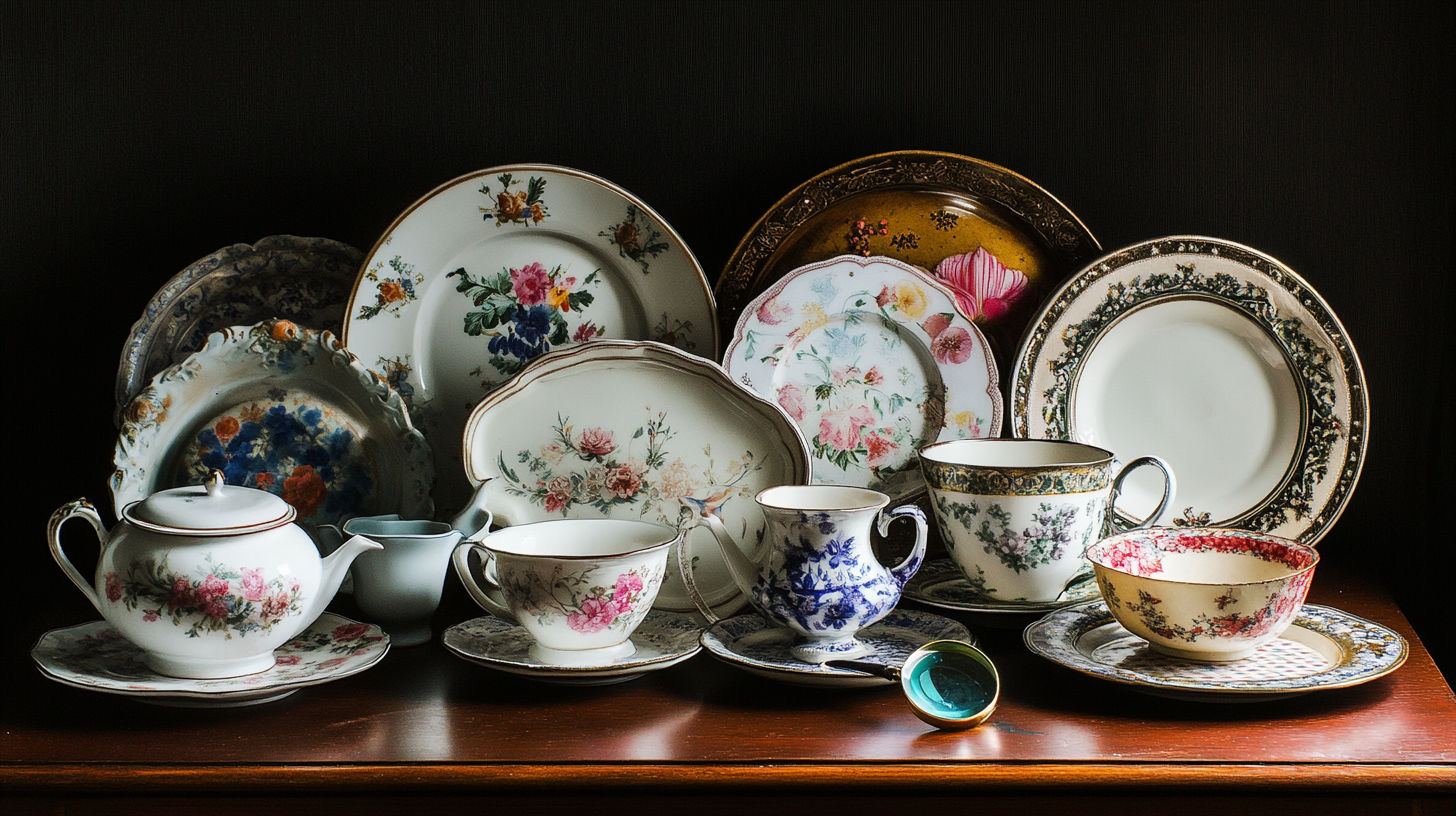 Valuable antique dish collection featuring rare porcelain patterns, blue and white transferware, and collectible fine china tableware