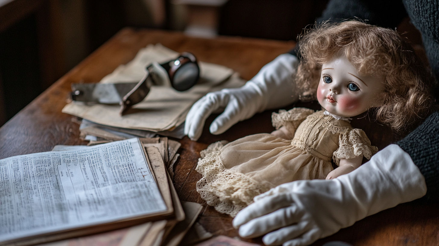 Collection of porcelain reproduction dolls from the 1980s-1990s in display cabinet