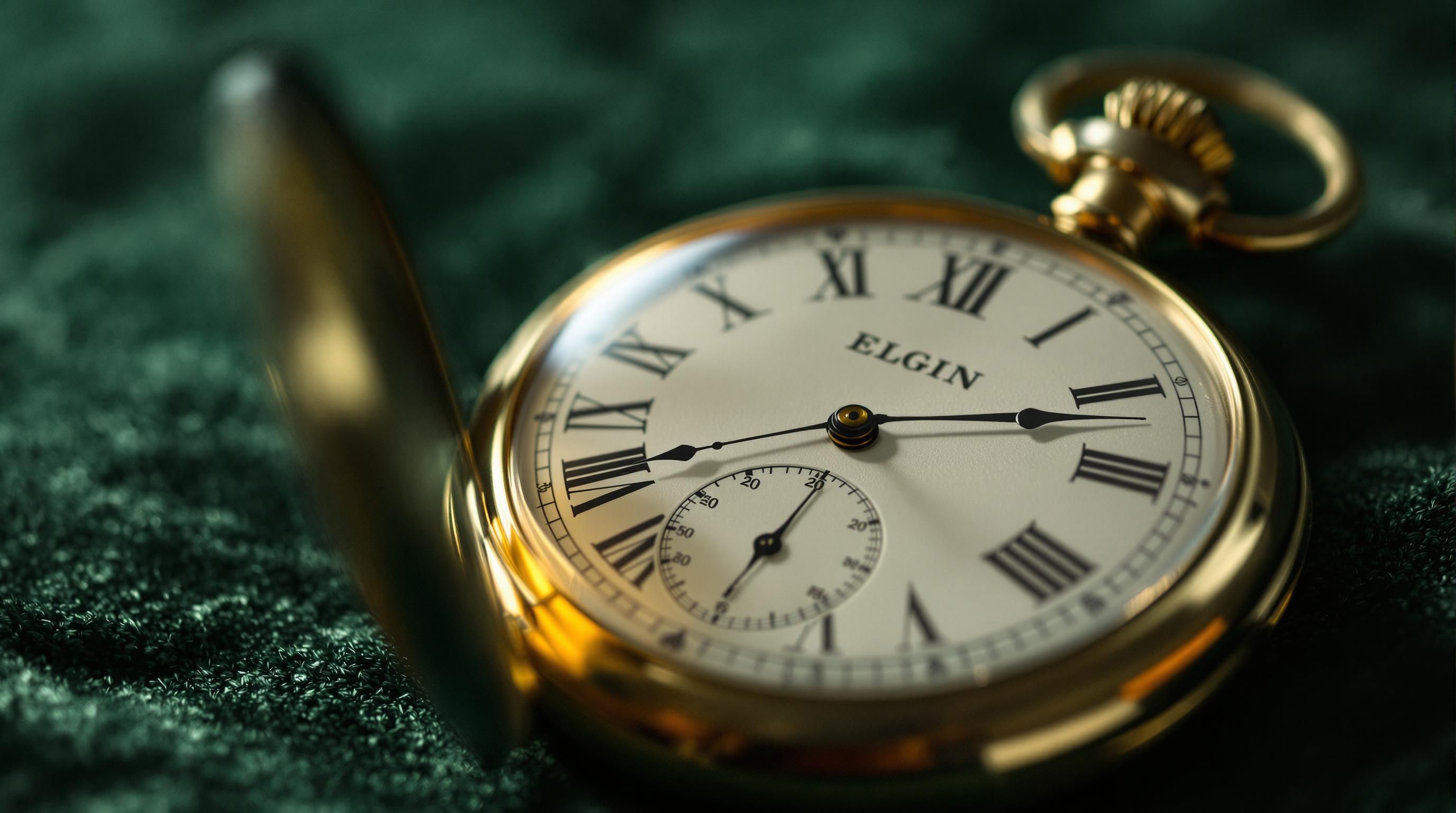 Vintage Elgin pocket watch with open gold case displaying intricate movement and white enamel dial
