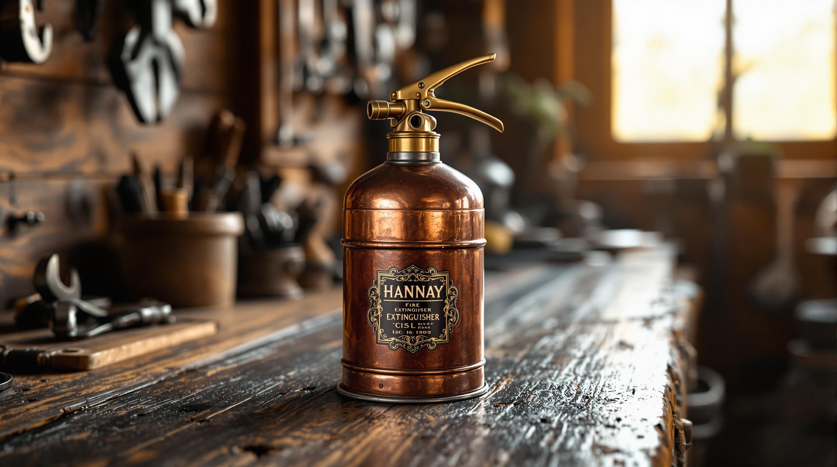 Valuable antique brass and copper fire extinguishers from the early 20th century showing different collectible models