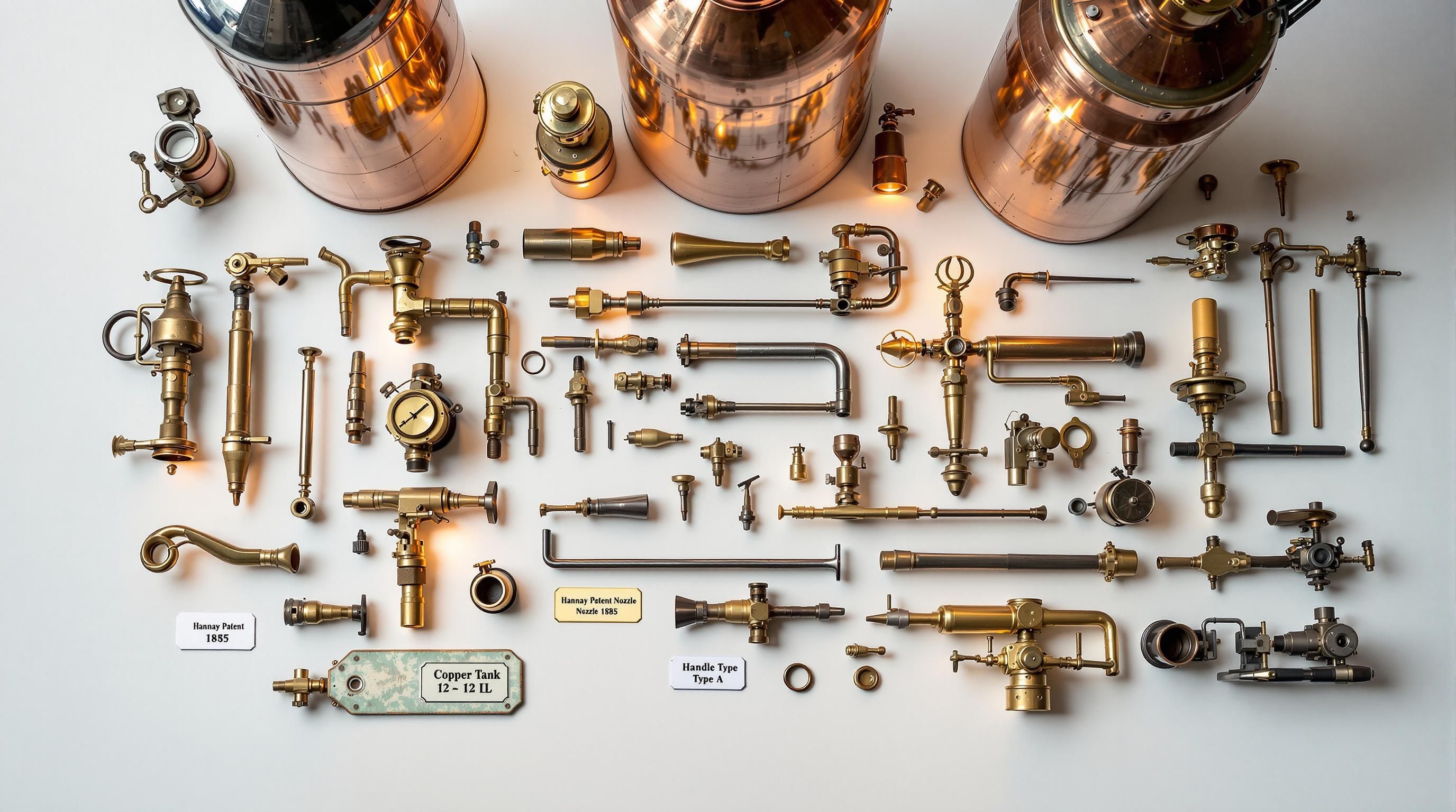 Collection of various antique fire extinguishers displayed in a vintage setting