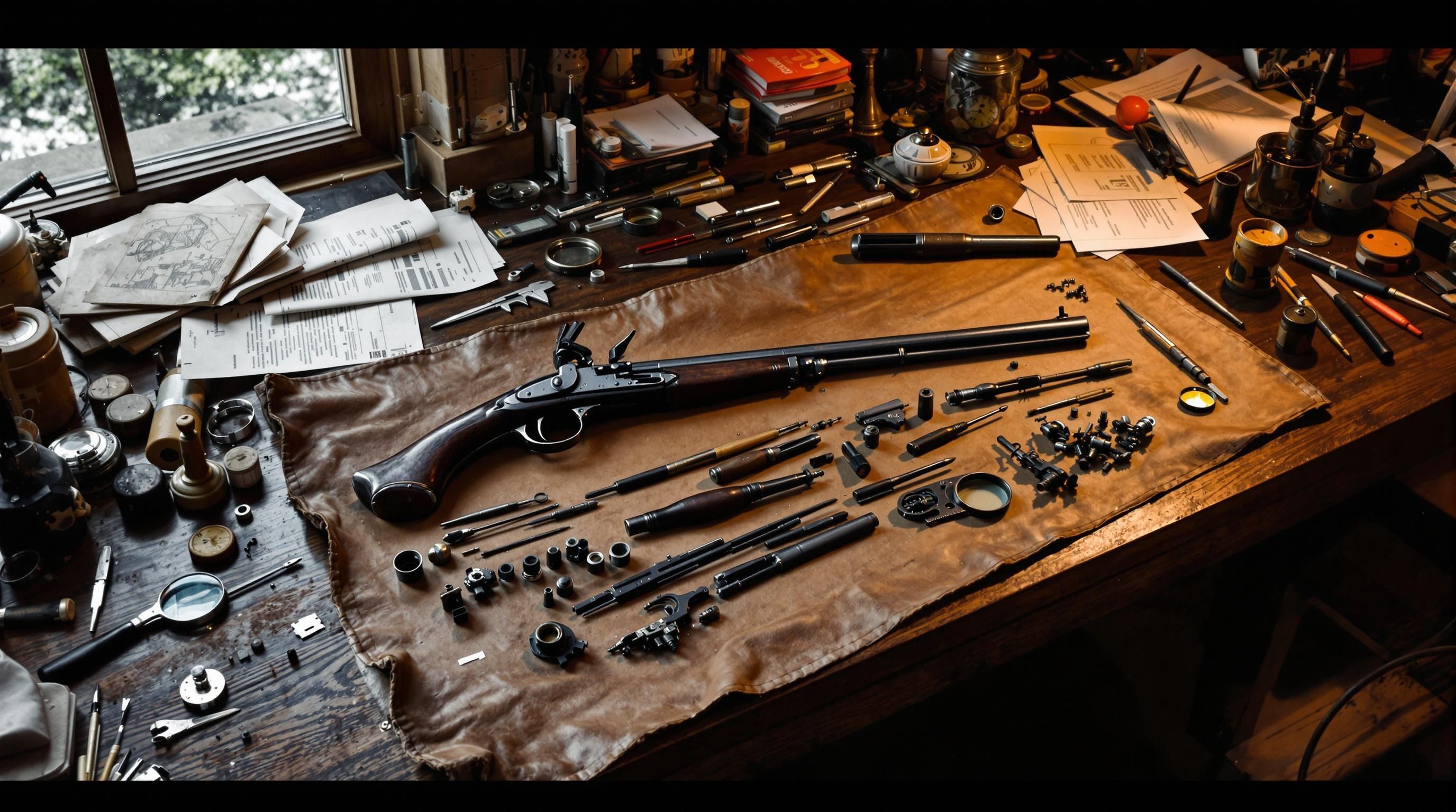 Close-up of flintlock mechanism showing the hammer, frizzen, and pan