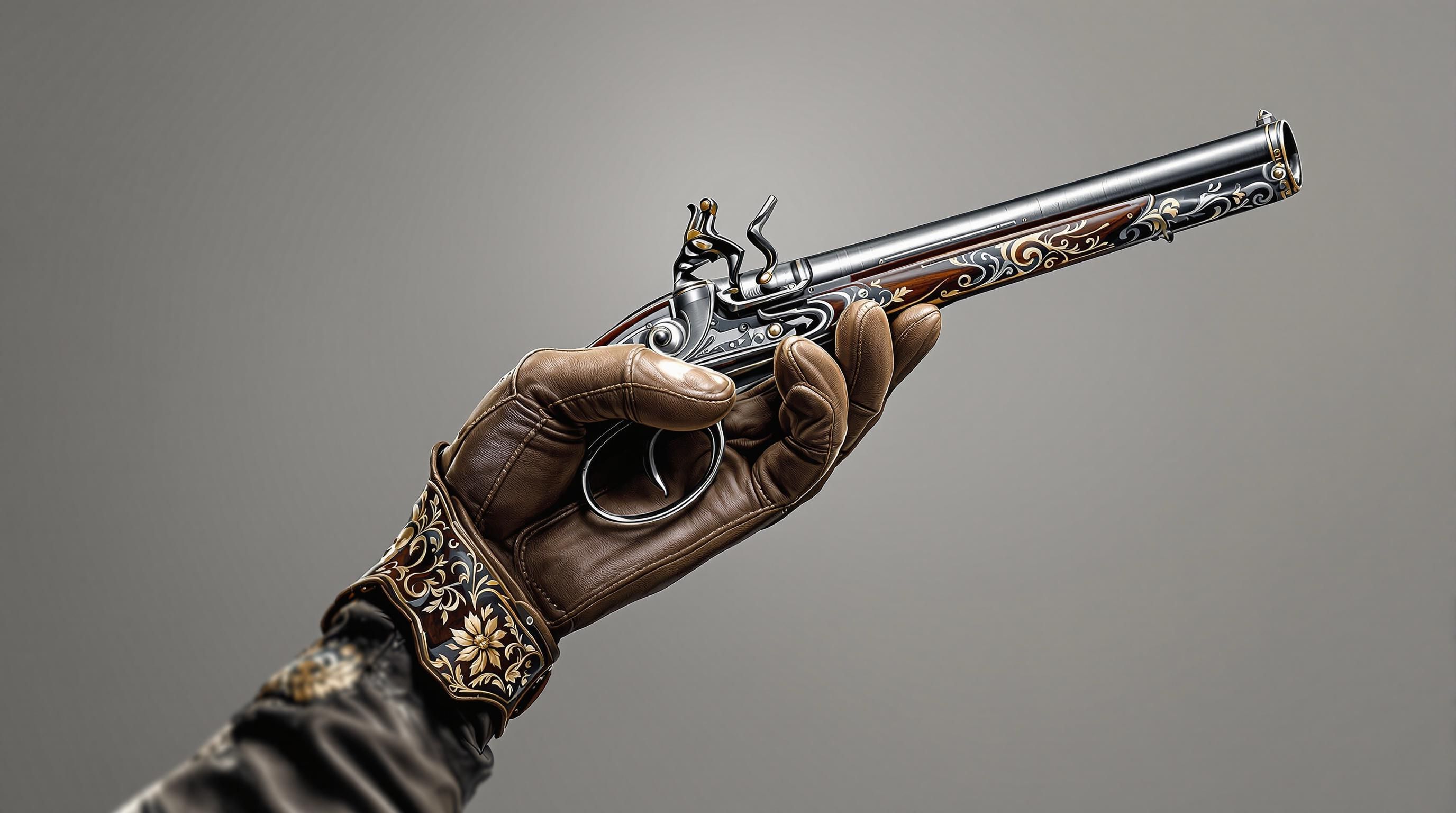 Ornate Middle Eastern flintlock pistol with curved handle and silver inlays