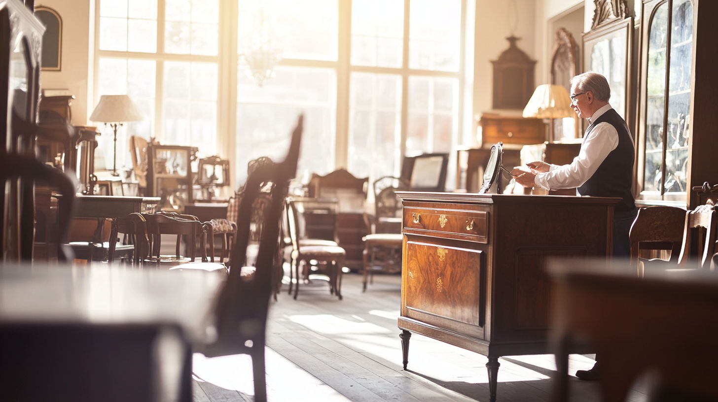 Professional appraiser carefully examining antique wooden furniture while consulting with client