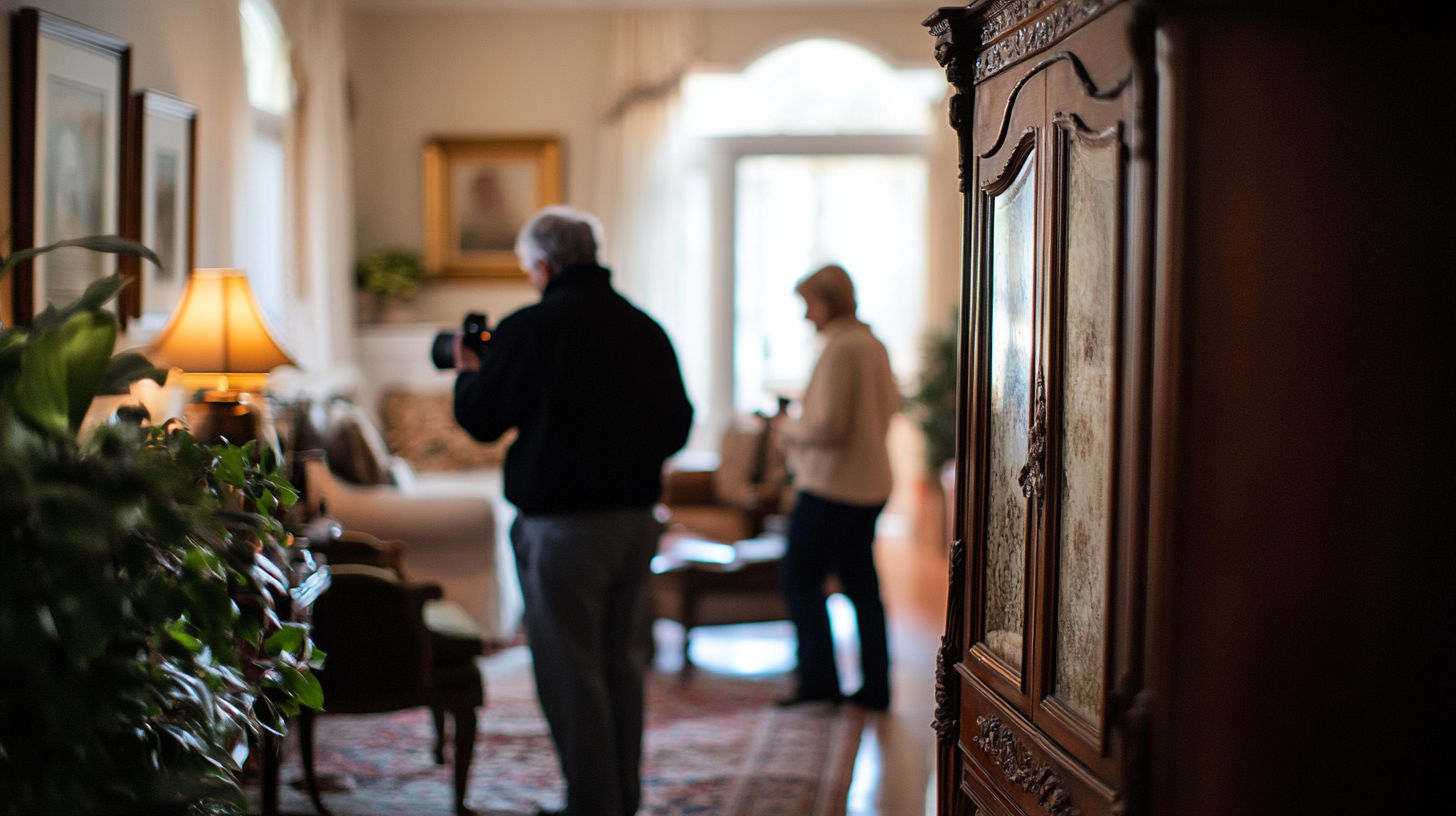 Close-up of an appraiser examining the joints and hardware of an antique furniture piece