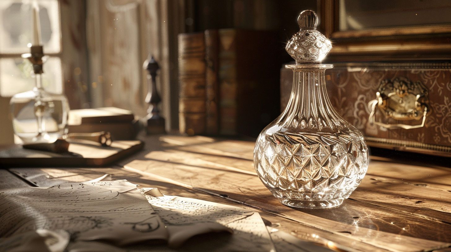 Diverse collection of antique glass decanters showing Georgian, Victorian and Art Deco styles with distinctive stoppers and cut patterns