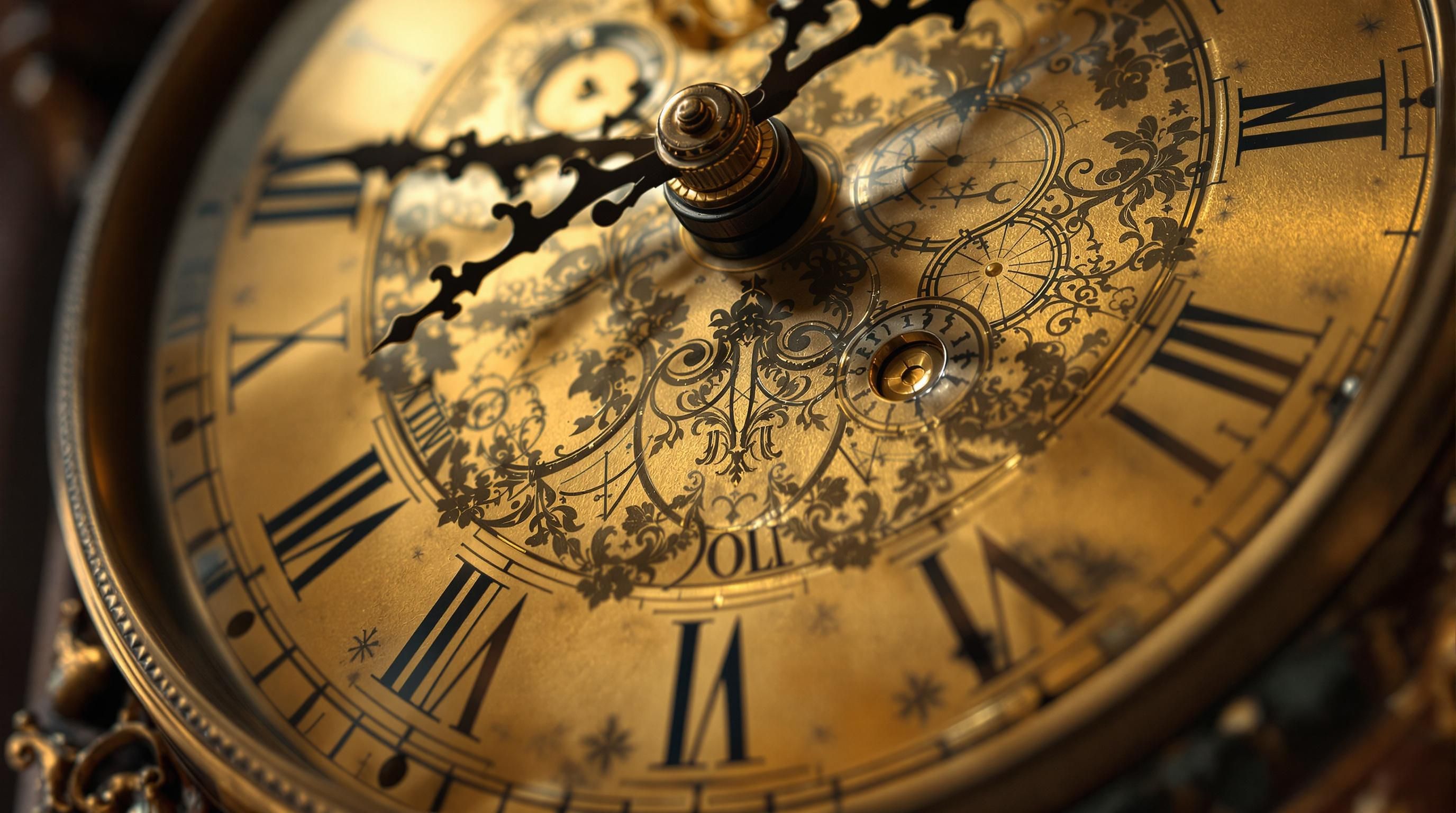 Antique grandfather clock with ornate wooden case, brass dial face and pendulum mechanism