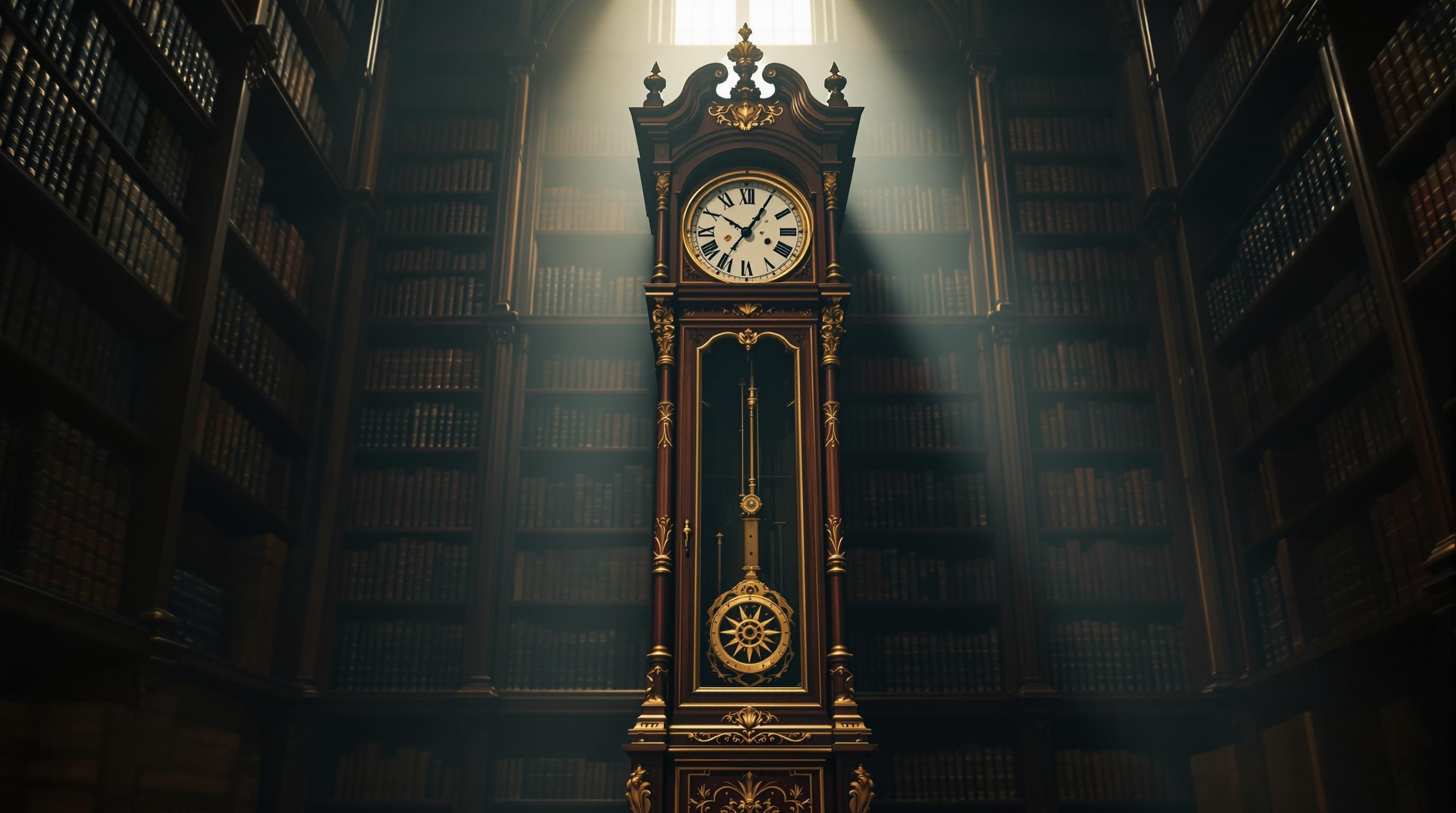 Close-up of antique grandfather clock dial with ornate spandrels