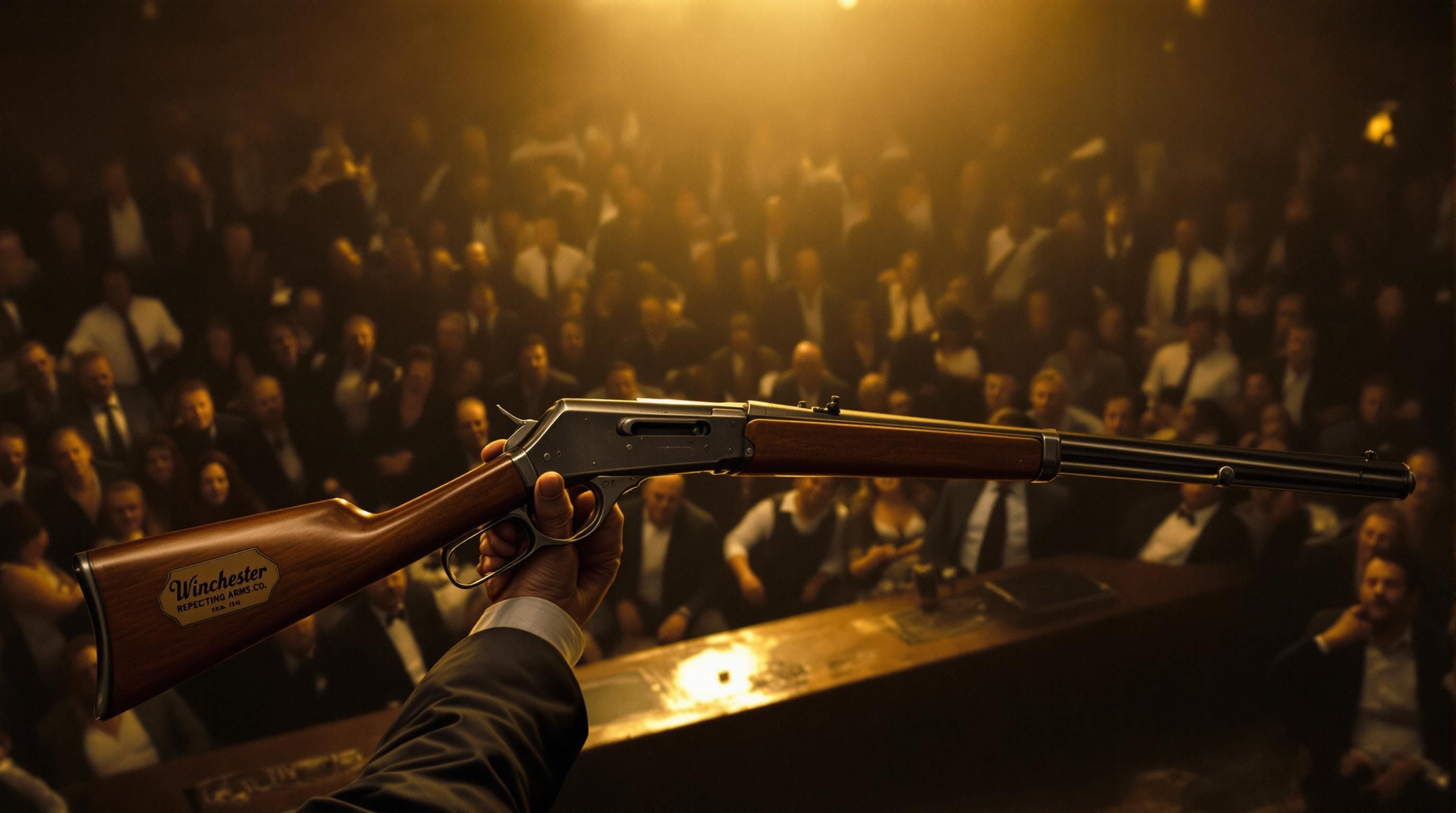 Collection of antique firearms displayed in a case with price tags