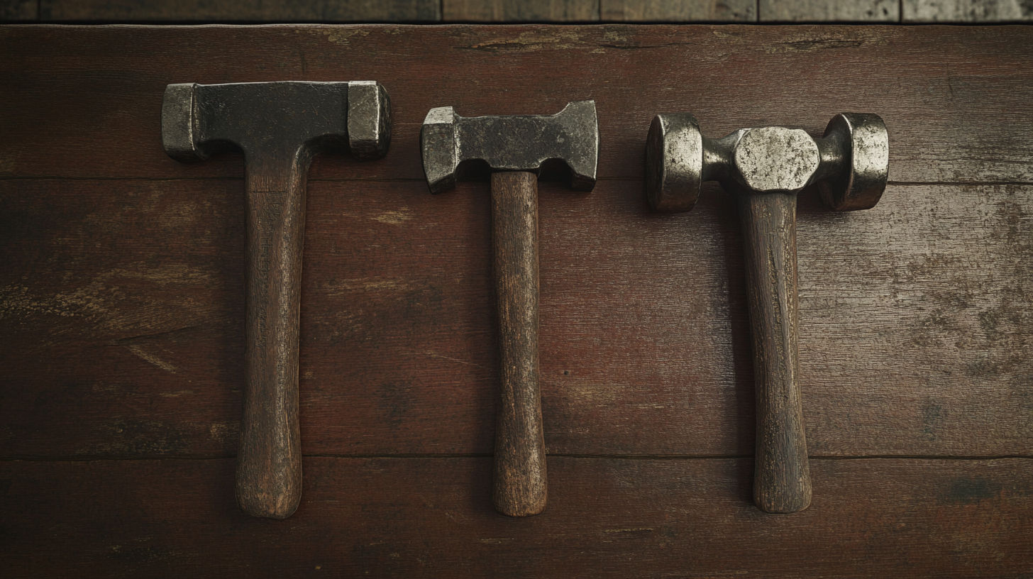 Diverse collection of rare antique hammers showing historical craftsmanship and design evolution