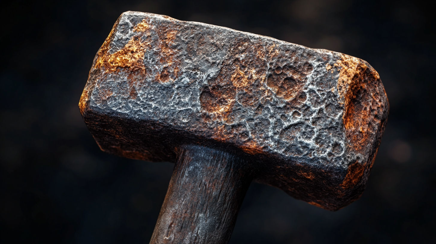 Close-up of antique hammer heads showing maker’s marks and weathered patina