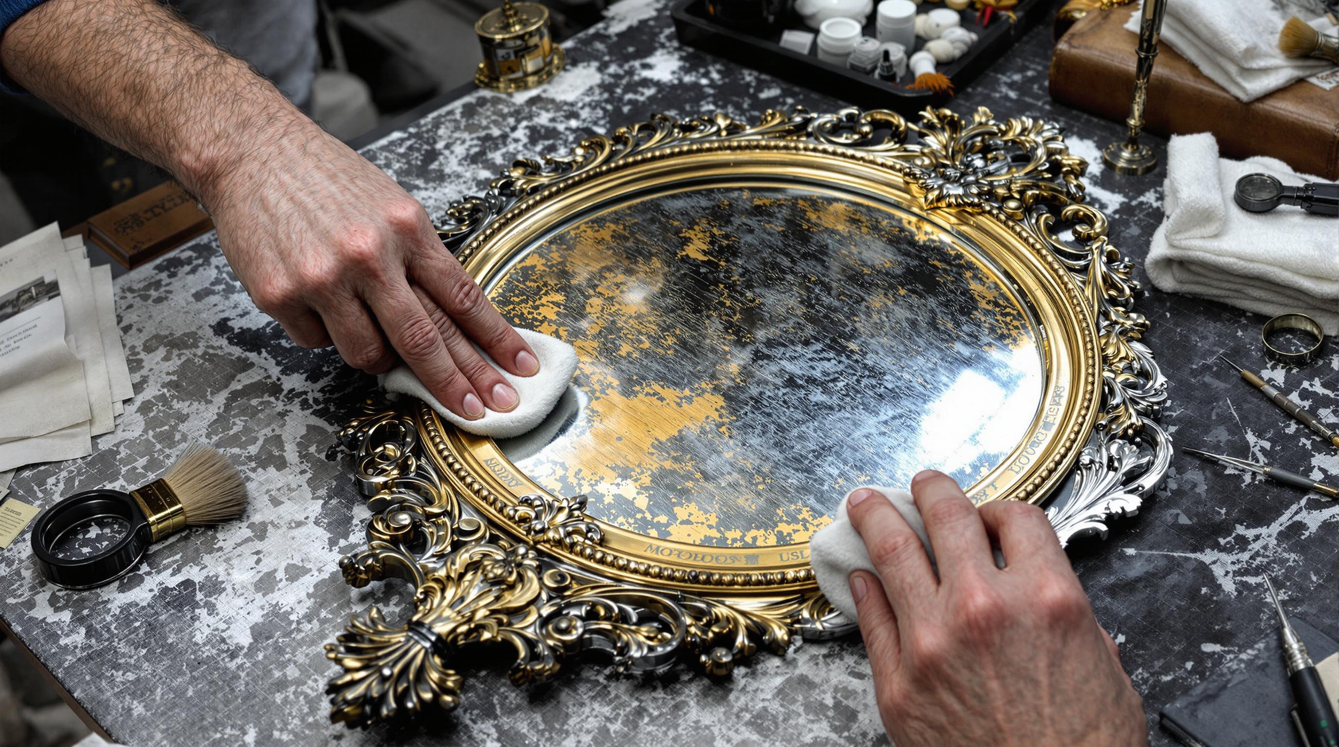 Close-up of an antique silver hand mirror showing patina and age-related wear