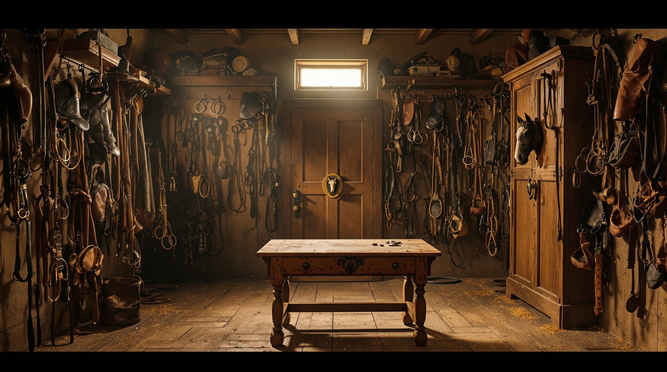 Display of multiple antique horse bits showing different styles and materials