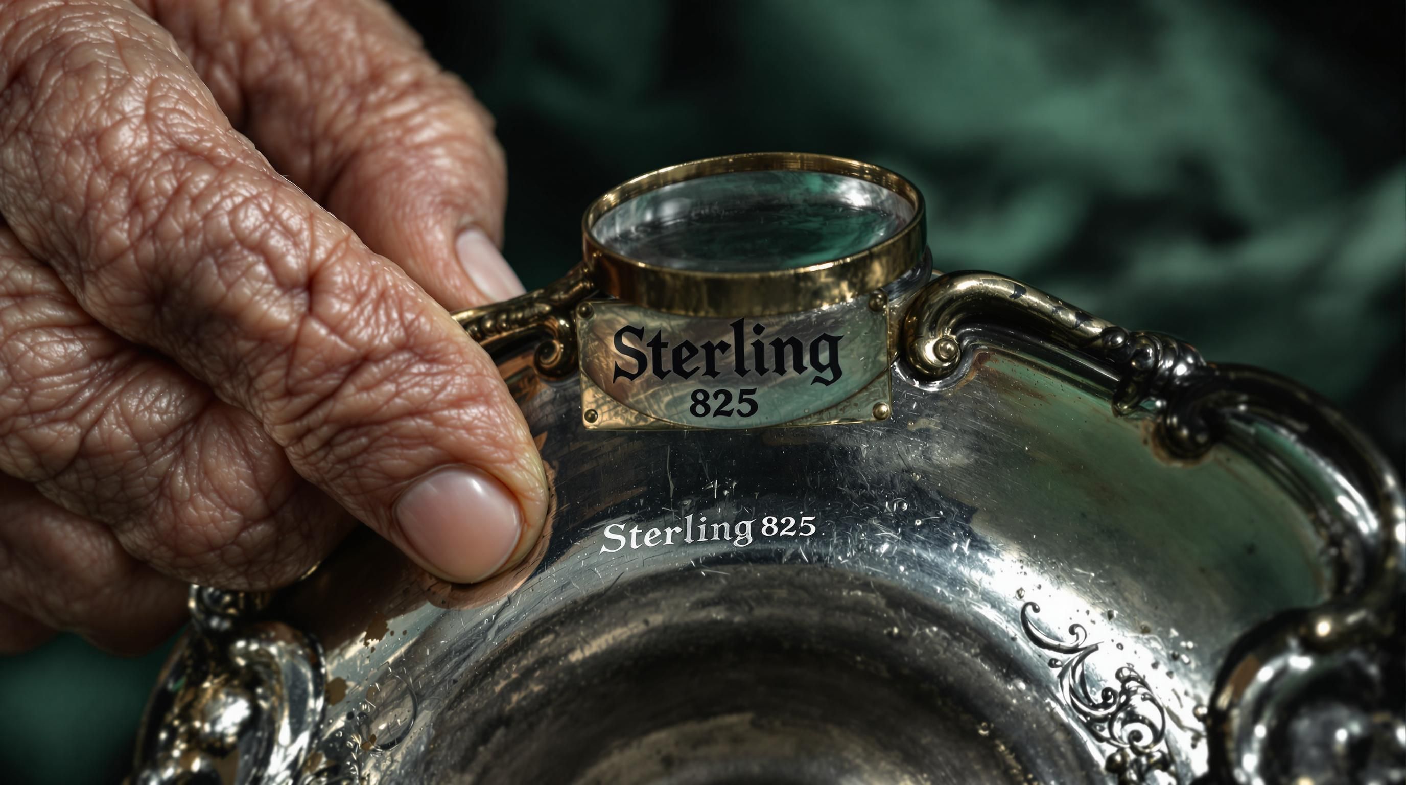 Antique identification process showing a magnifying glass examining maker's marks on vintage collectibles