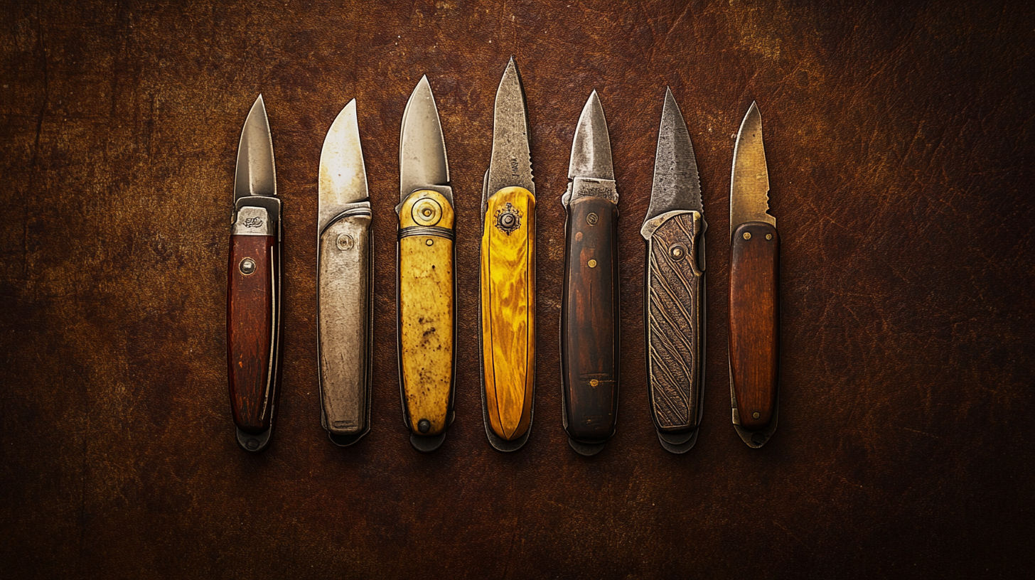Close-up of various antique knife maker’s marks and blade stamps showing manufacturer identifications