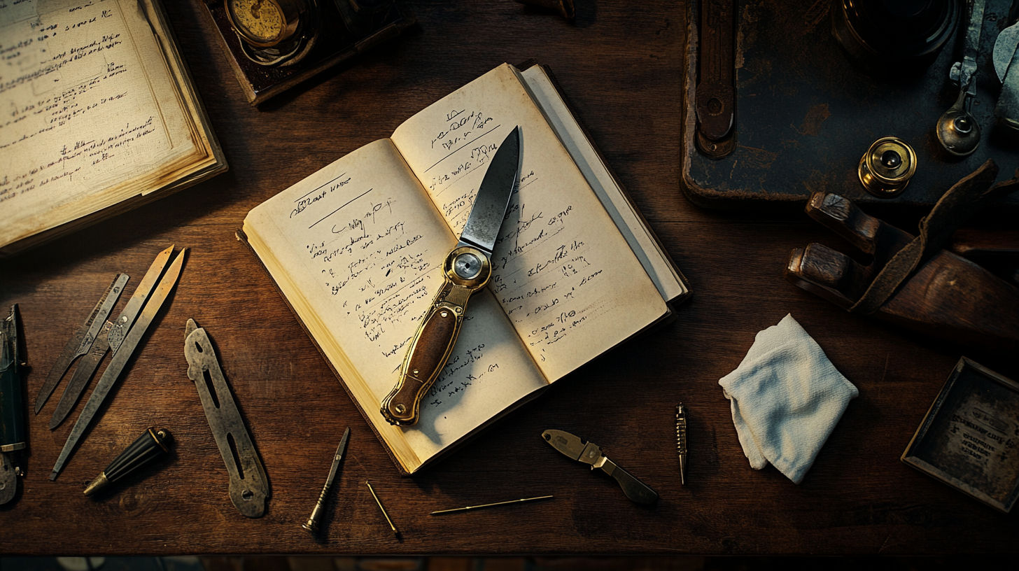 Various antique knife styles including folding pocket knives, hunting knives, and ceremonial daggers