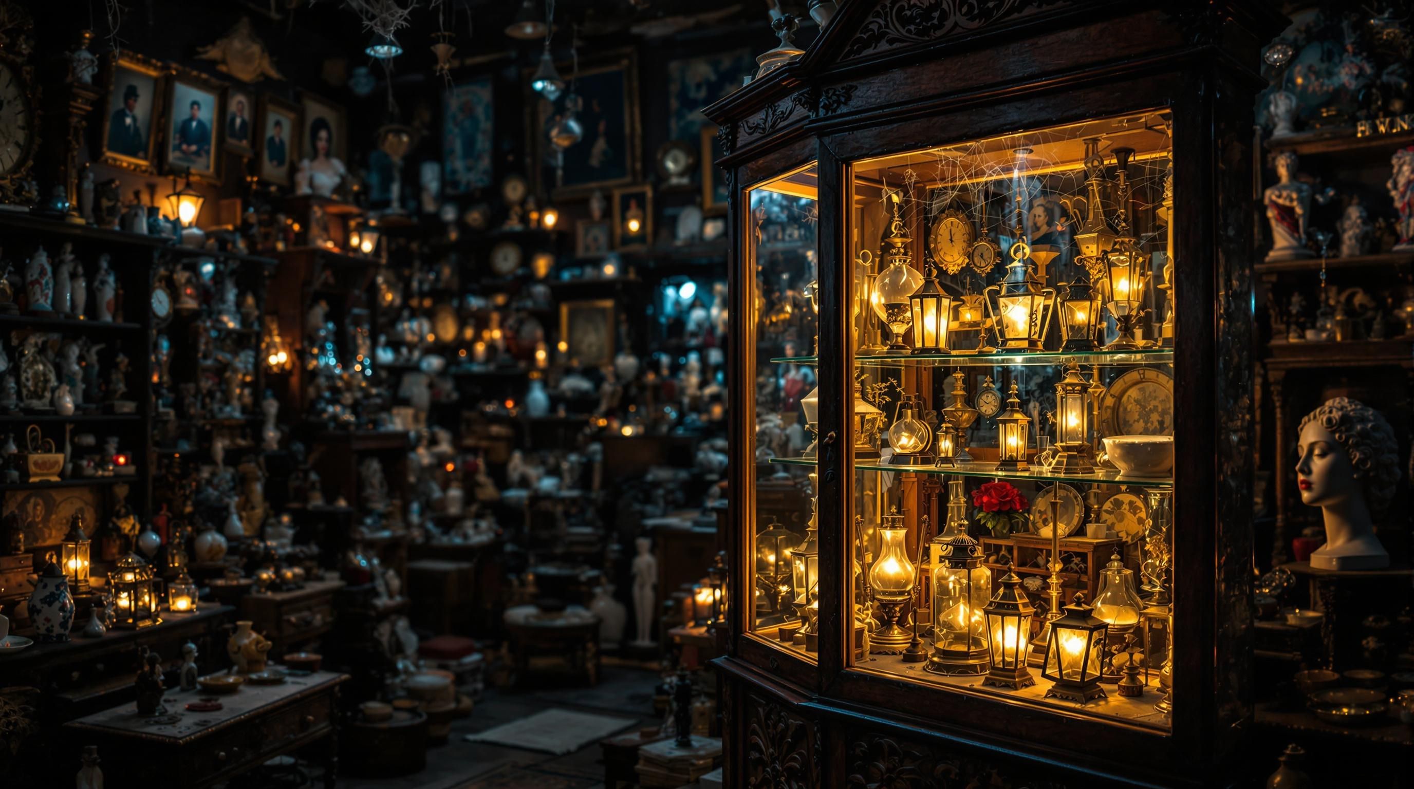 Various types of antique lanterns including railroad, oil, and decorative models