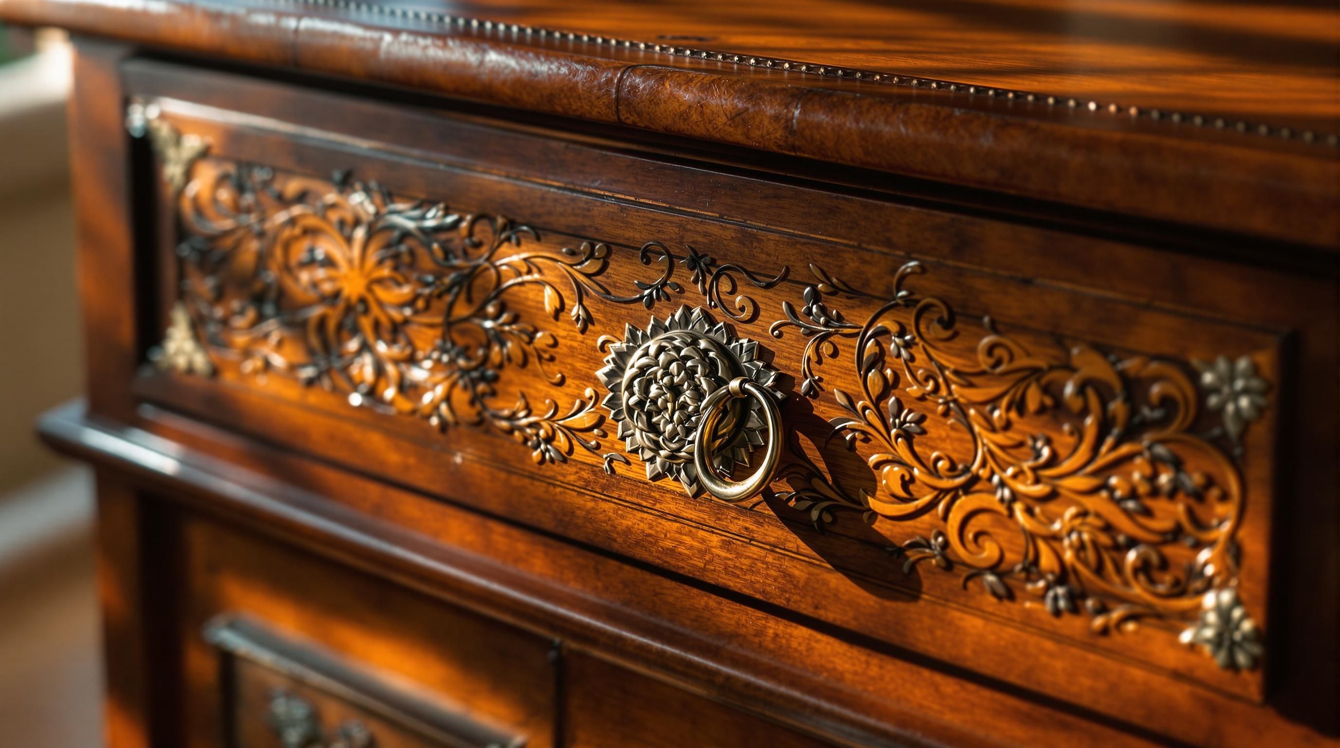 Antique mahogany end table with tooled leather top surface from the 19th century