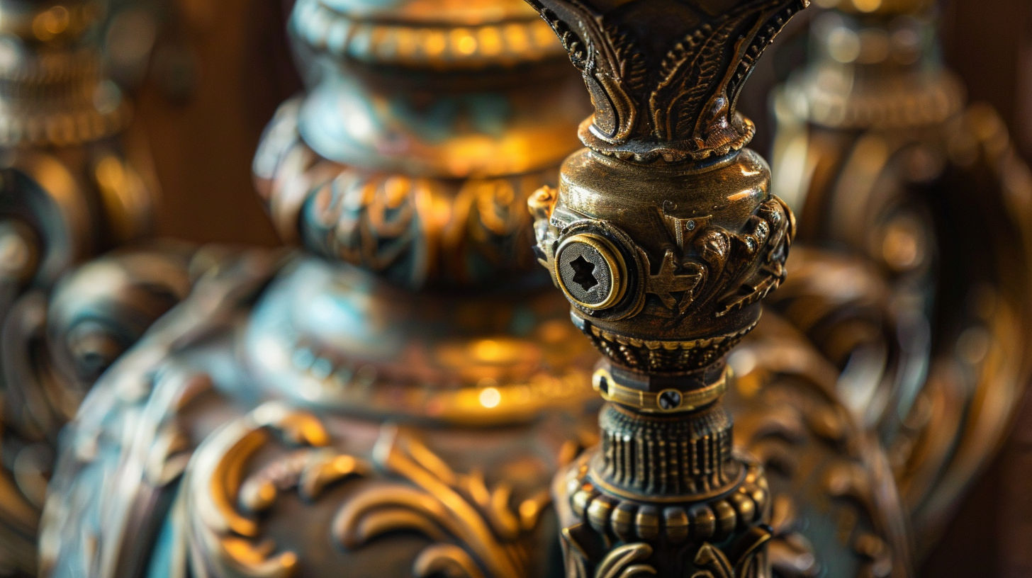 Close-up of various antique lamp socket styles including brass key socket and pull chain designs