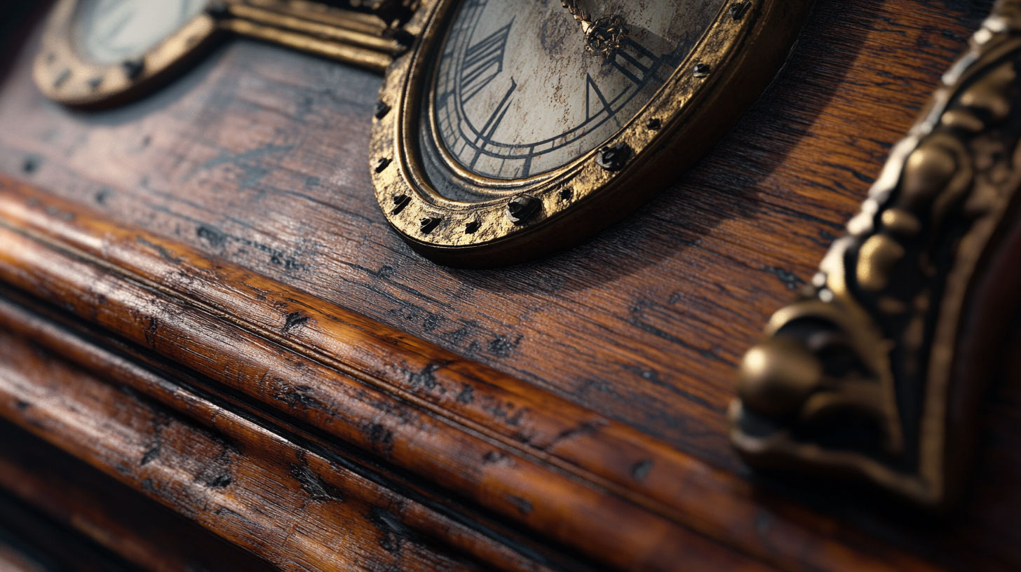 Ornate antique clock face with decorative hands and roman numerals