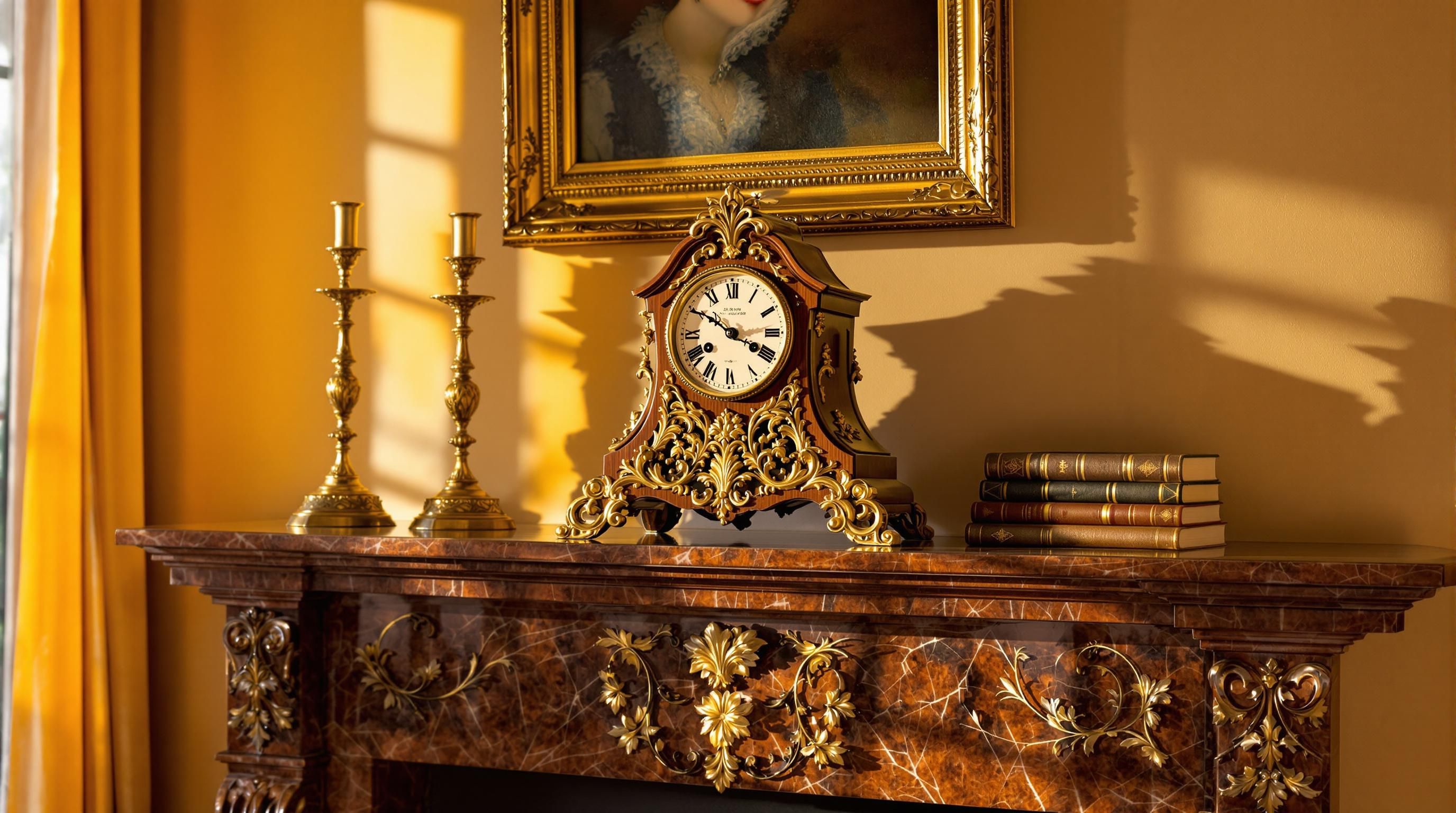 Ornate French ormolu mantel clock with decorative figurines